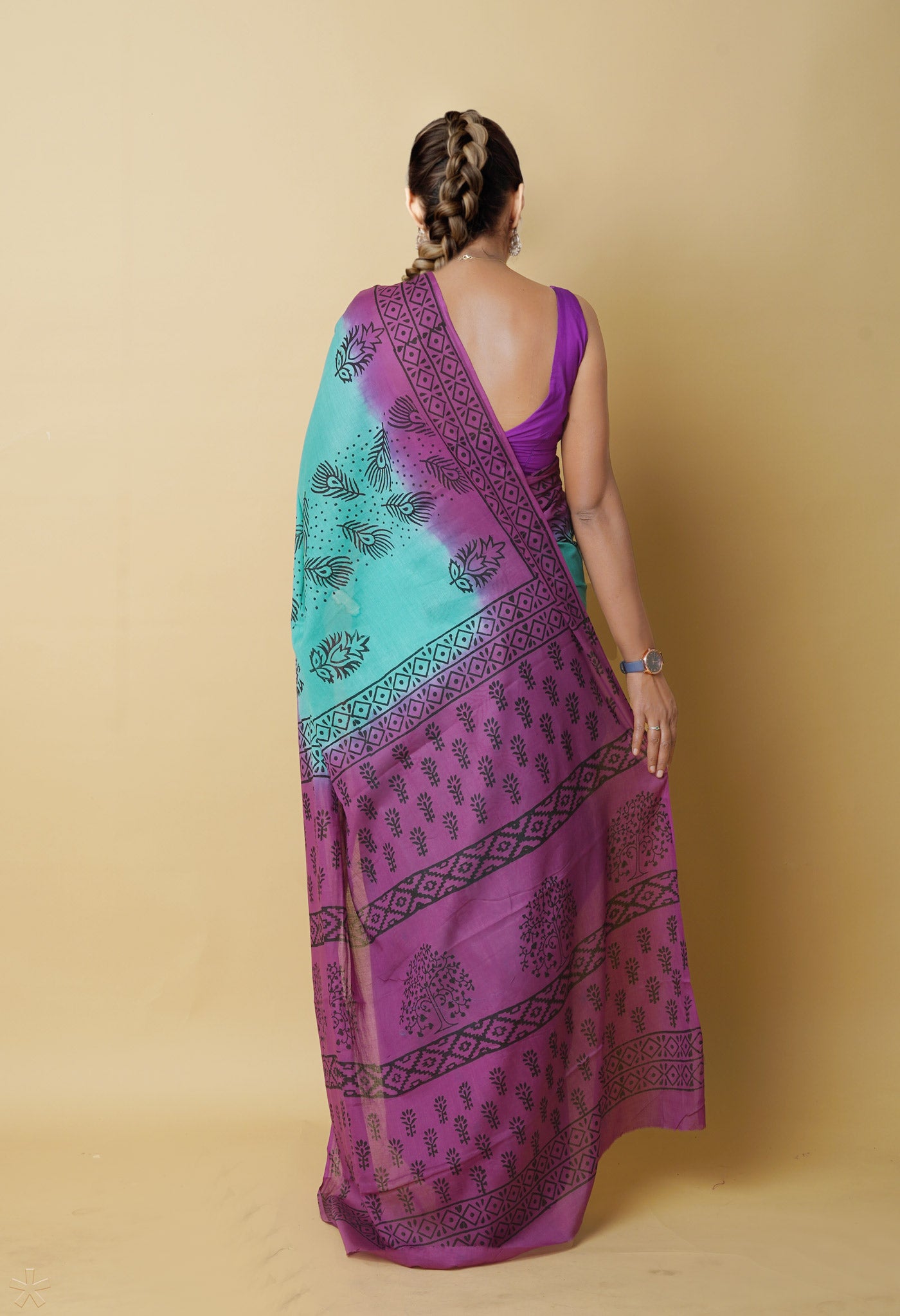 Turquoise Pure Dyed Hand Block Printed Soft Cotton Saree