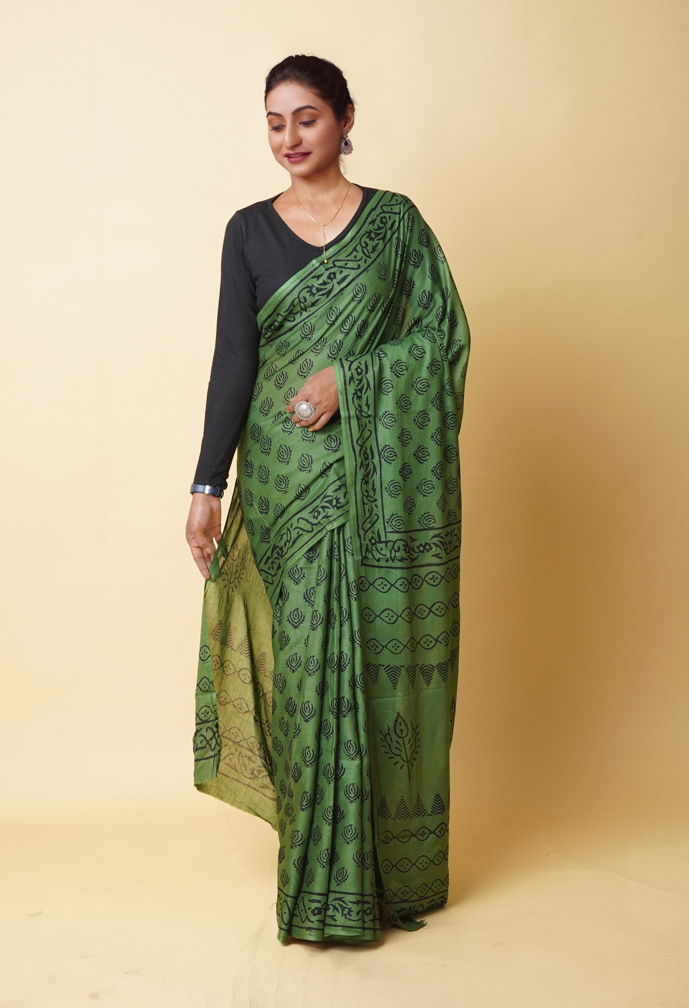 Green Pure Dyed Hand Block Printed Soft Cotton Saree