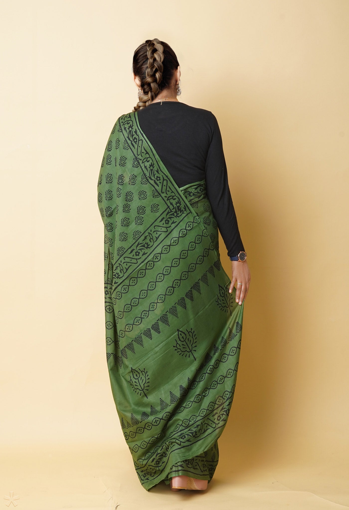 Green Pure Dyed Hand Block Printed Soft Cotton Saree