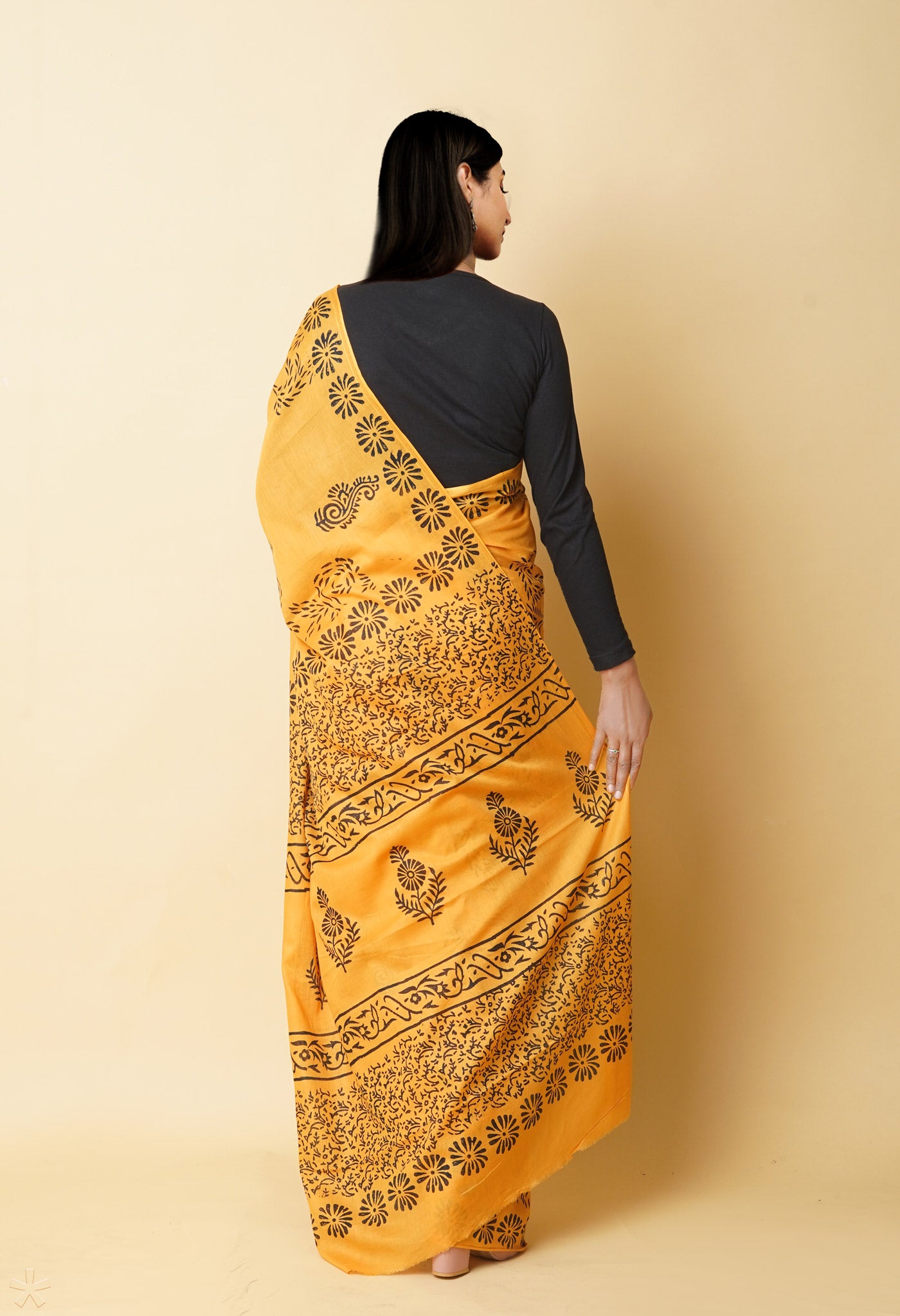 Yellow Pure Dyed Hand Block Printed Soft Cotton Saree