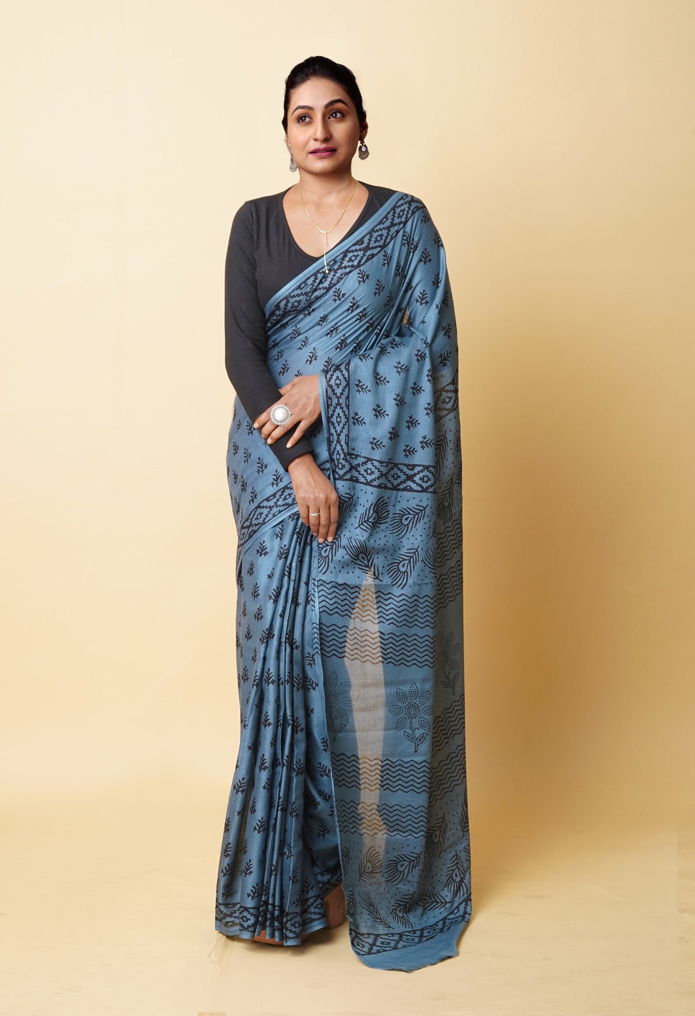 Grey Pure Dyed Hand Block Printed Soft Cotton Saree