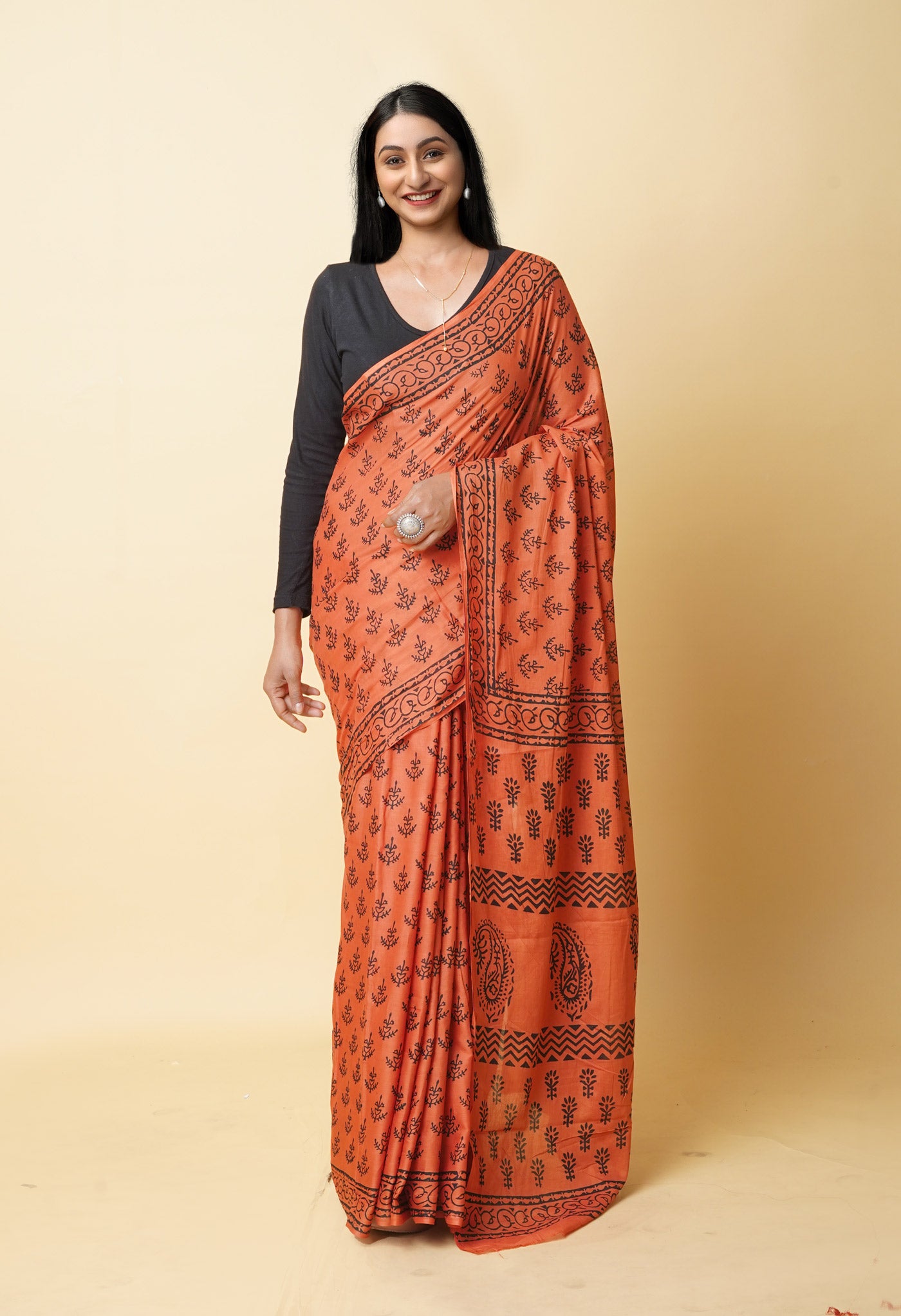 Orange Pure Dyed Hand Block Printed Soft Cotton Saree