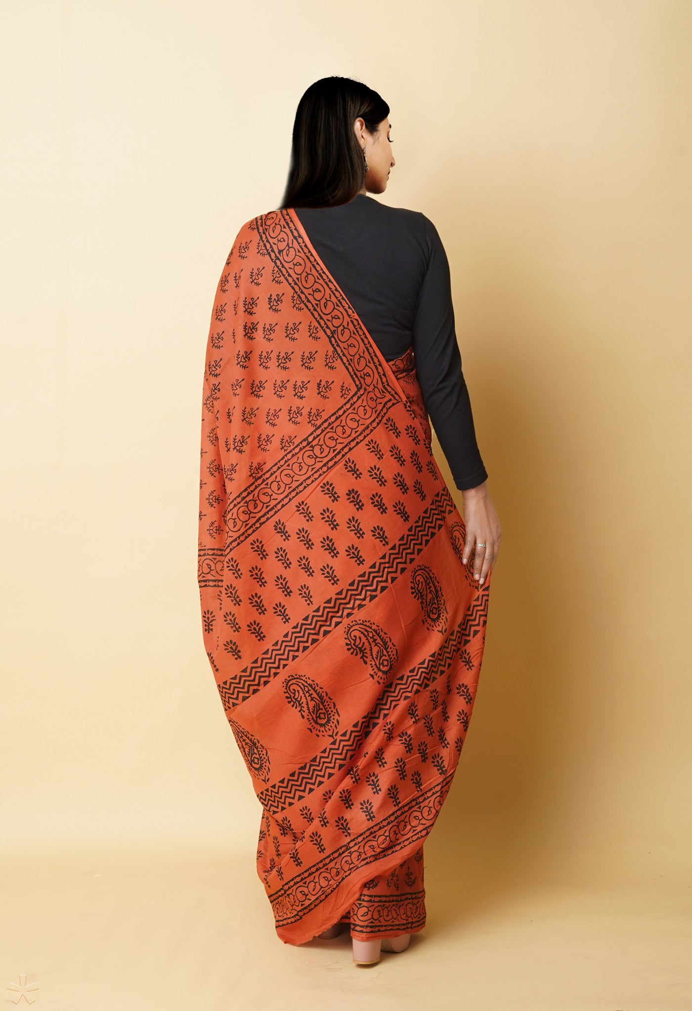 Orange Pure Dyed Hand Block Printed Soft Cotton Saree