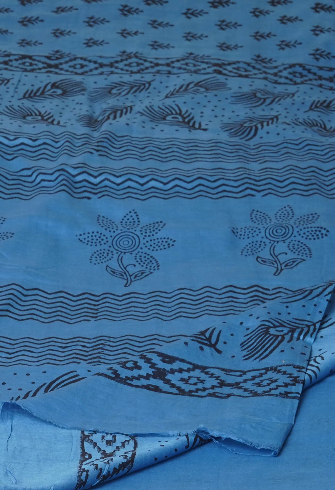 Blue Pure Dyed Hand Block Printed Soft Cotton Saree