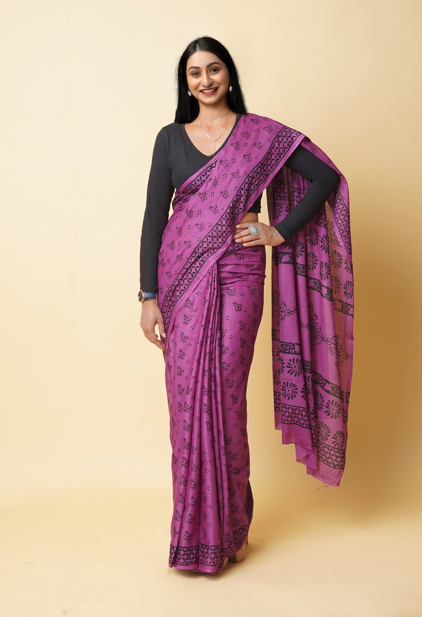 Purple Pure Dyed Hand Block Printed Soft Cotton Saree