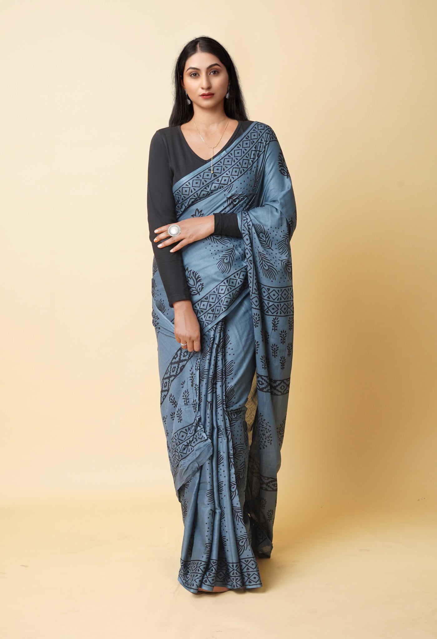 Grey Pure Dyed Hand Block Printed Soft Cotton Saree