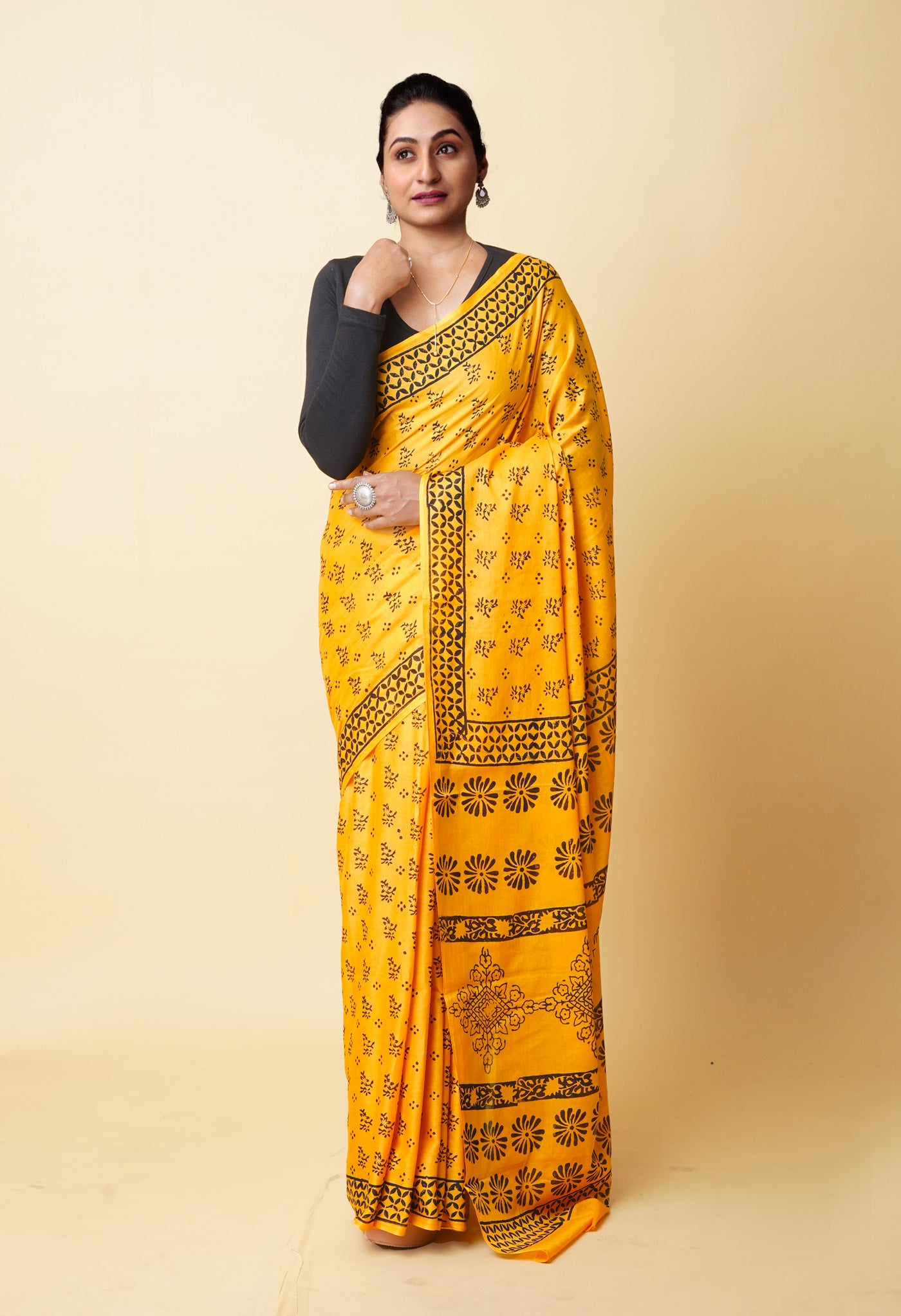 Yellow Pure Dyed Hand Block Printed Soft Cotton Saree