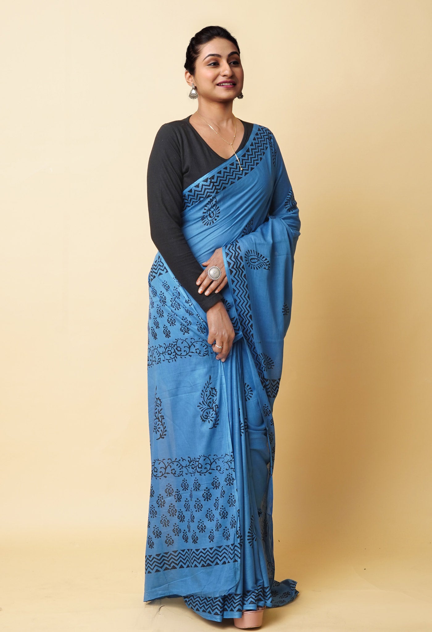 Blue Pure Dyed Hand Block Printed Soft Cotton Saree