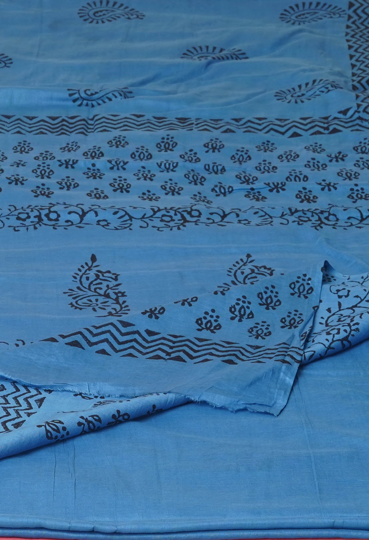 Blue Pure Dyed Hand Block Printed Soft Cotton Saree