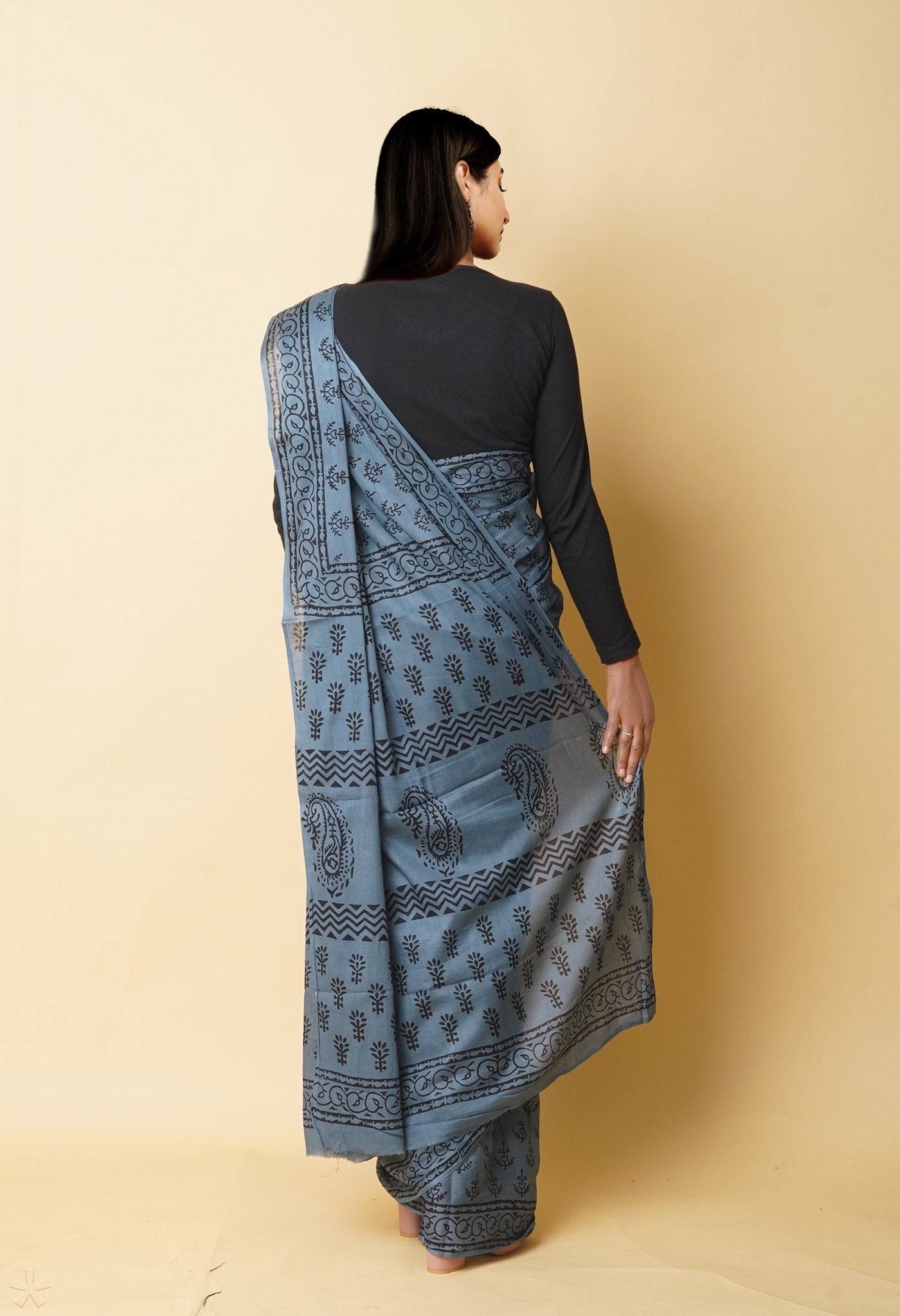 Grey Pure Dyed Hand Block Printed Soft Cotton Saree