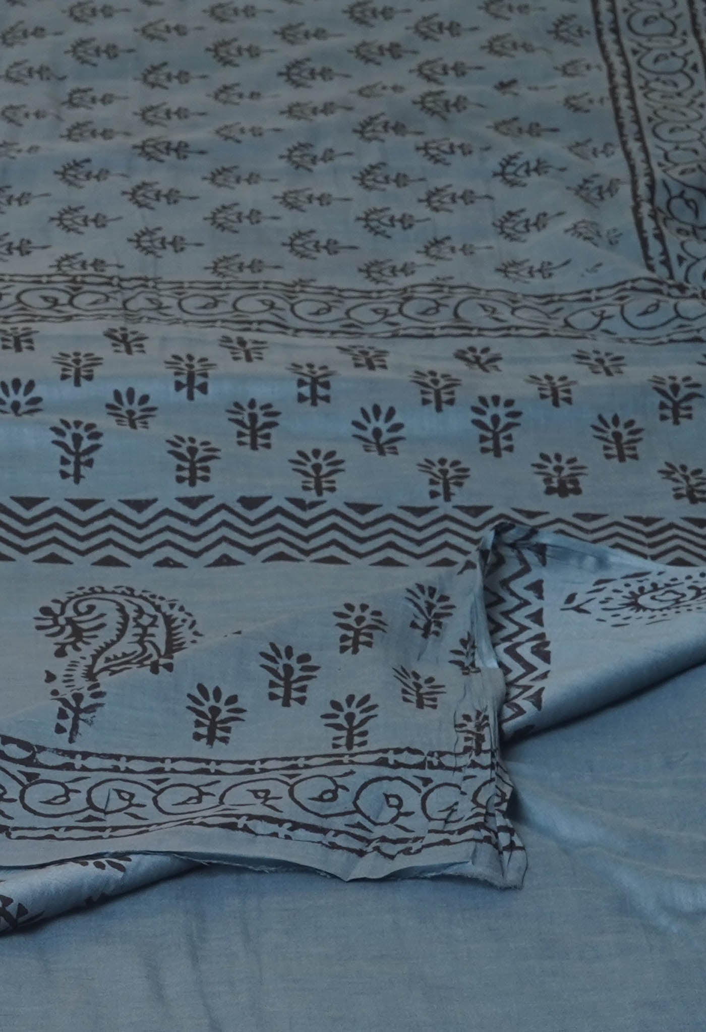 Grey Pure Dyed Hand Block Printed Soft Cotton Saree