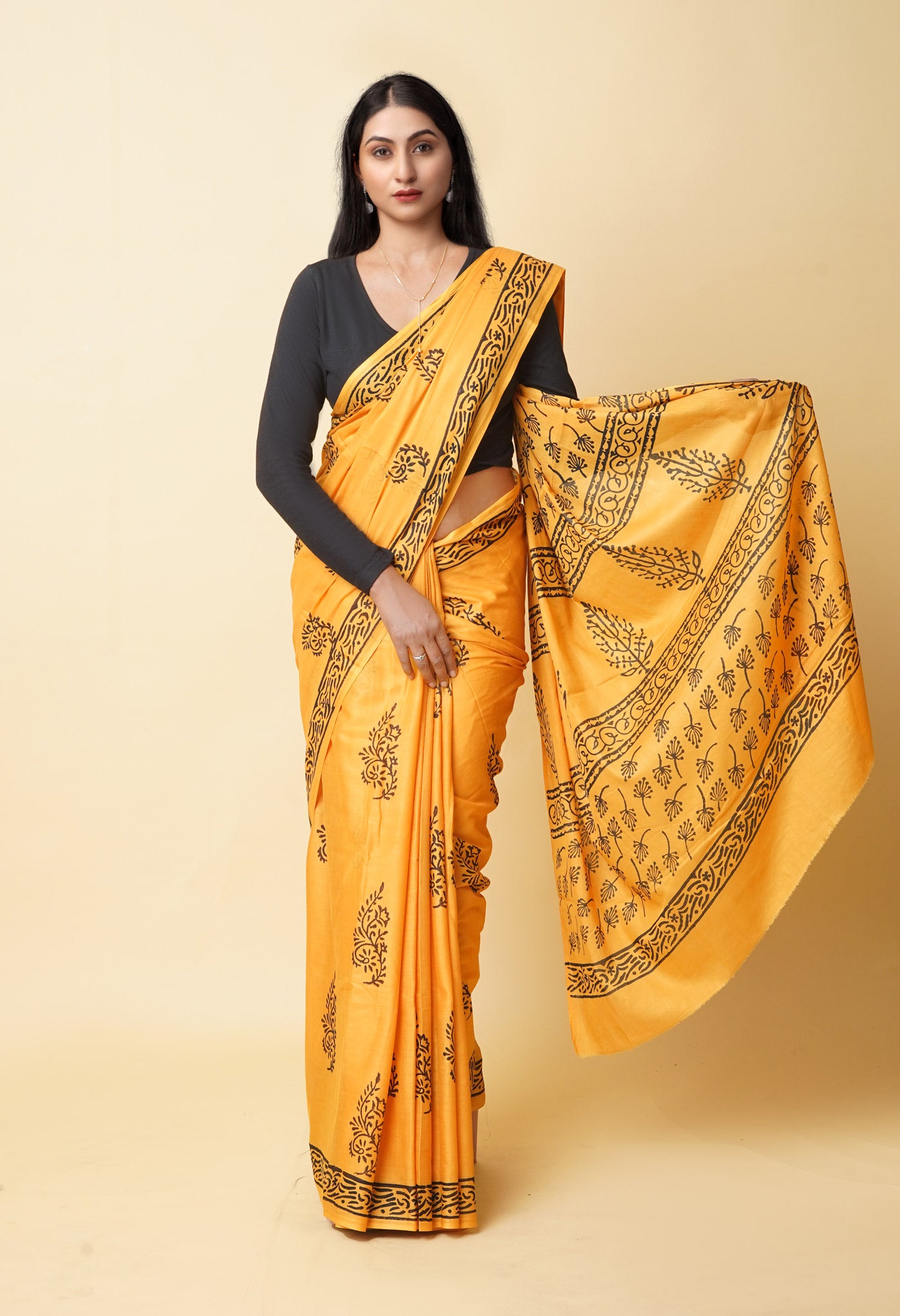 Yellow Pure Dyed Hand Block Printed Soft Cotton Saree