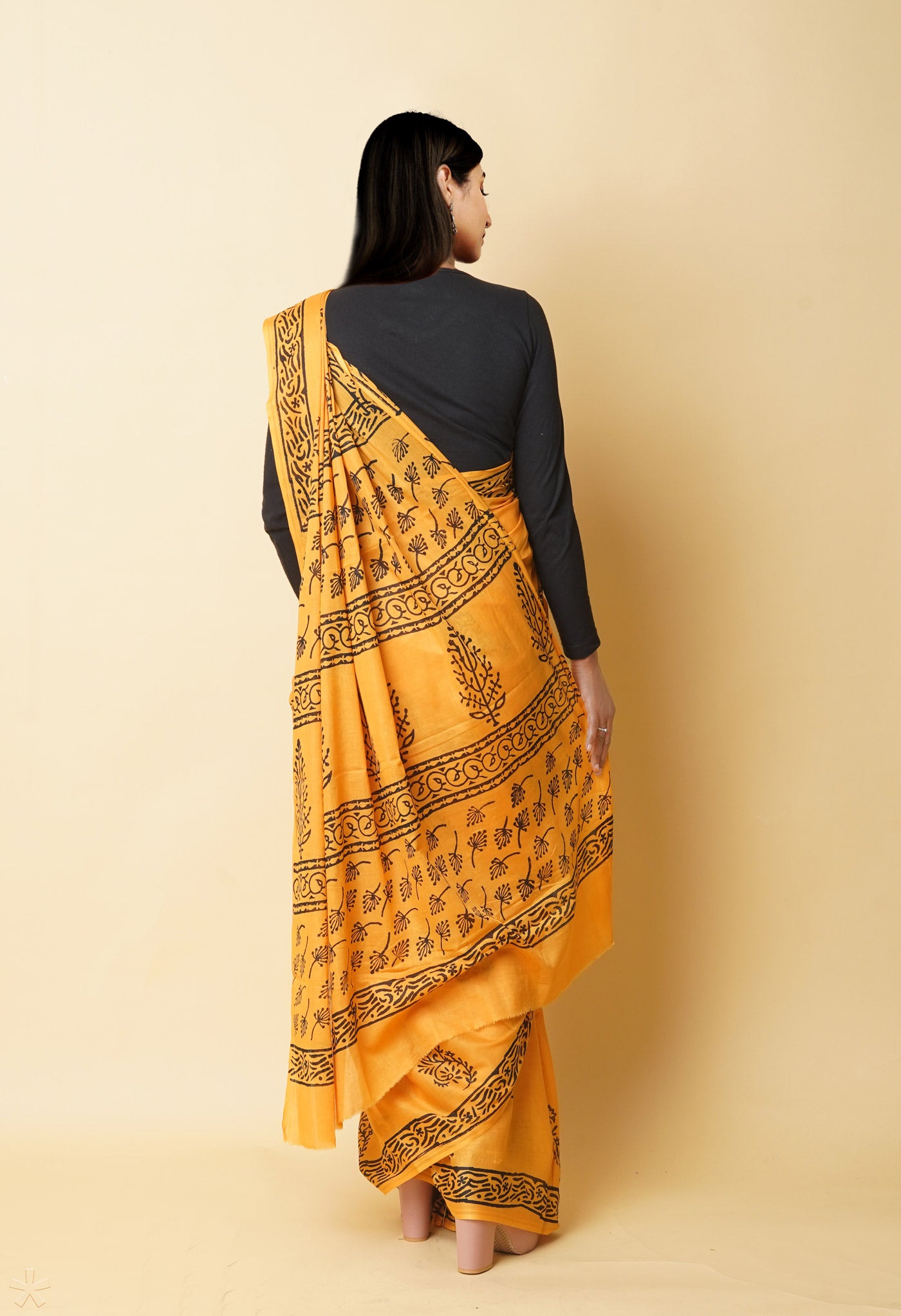 Yellow Pure Dyed Hand Block Printed Soft Cotton Saree