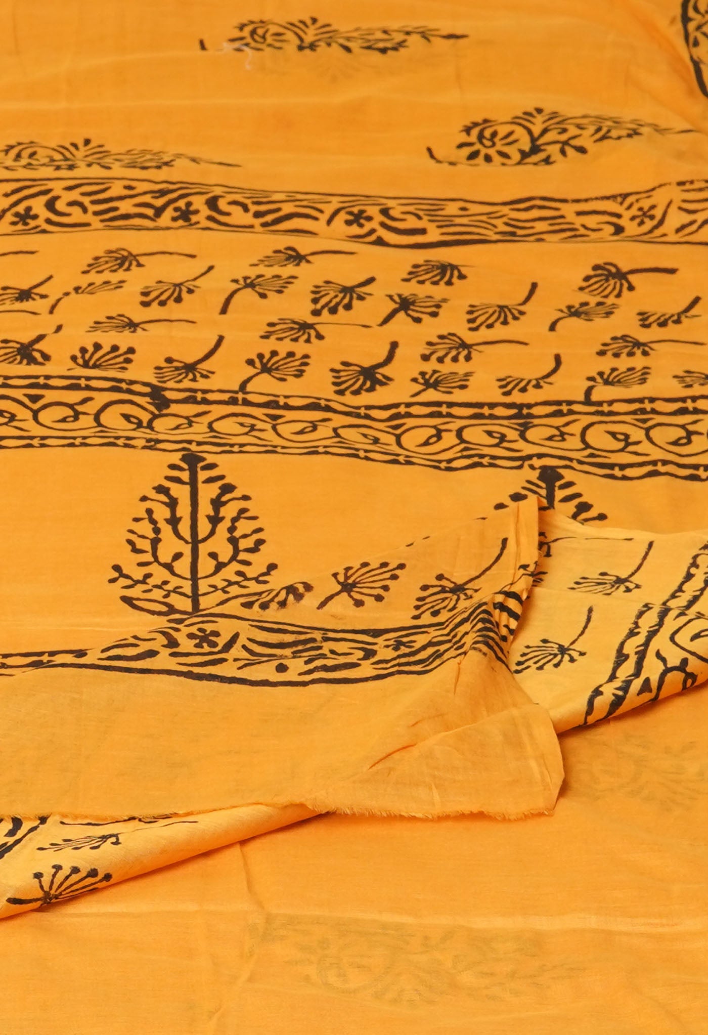 Yellow Pure Dyed Hand Block Printed Soft Cotton Saree