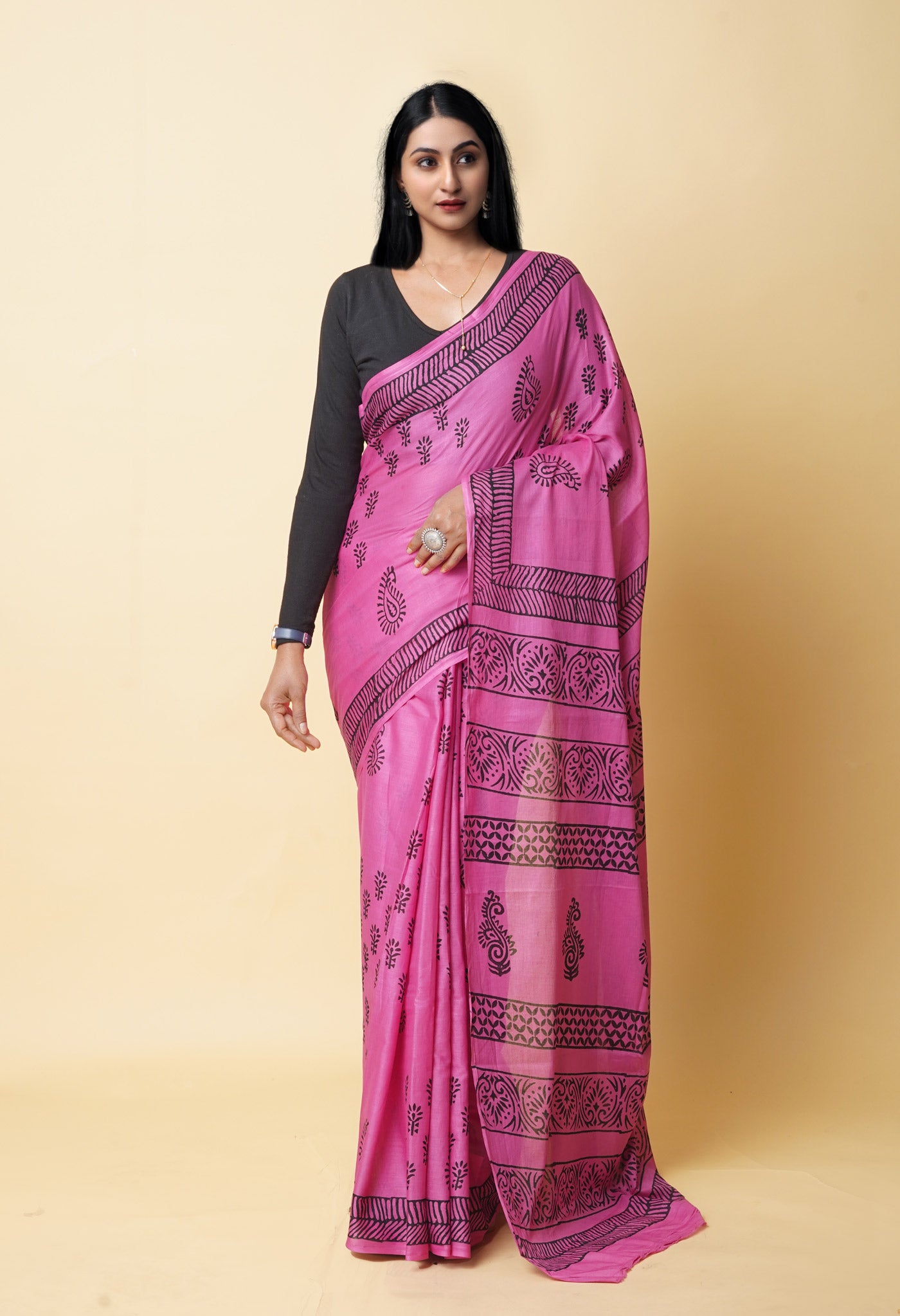 Pink Pure Dyed Hand Block Printed Soft Cotton Saree