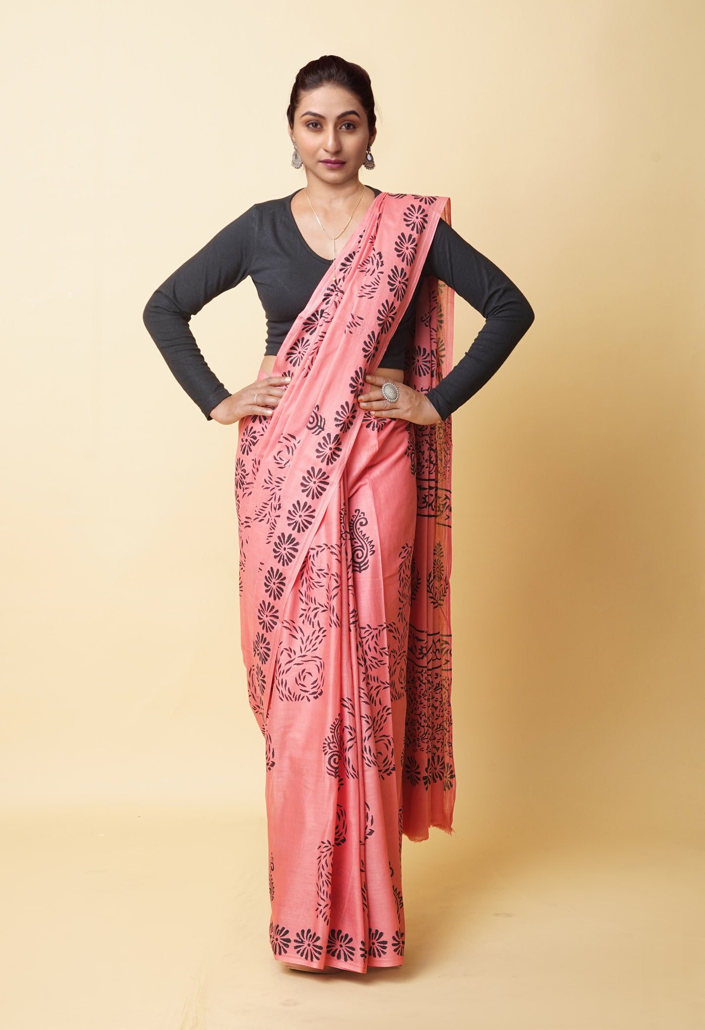 Peach Red Pure Dyed Hand Block Printed Soft Cotton Saree