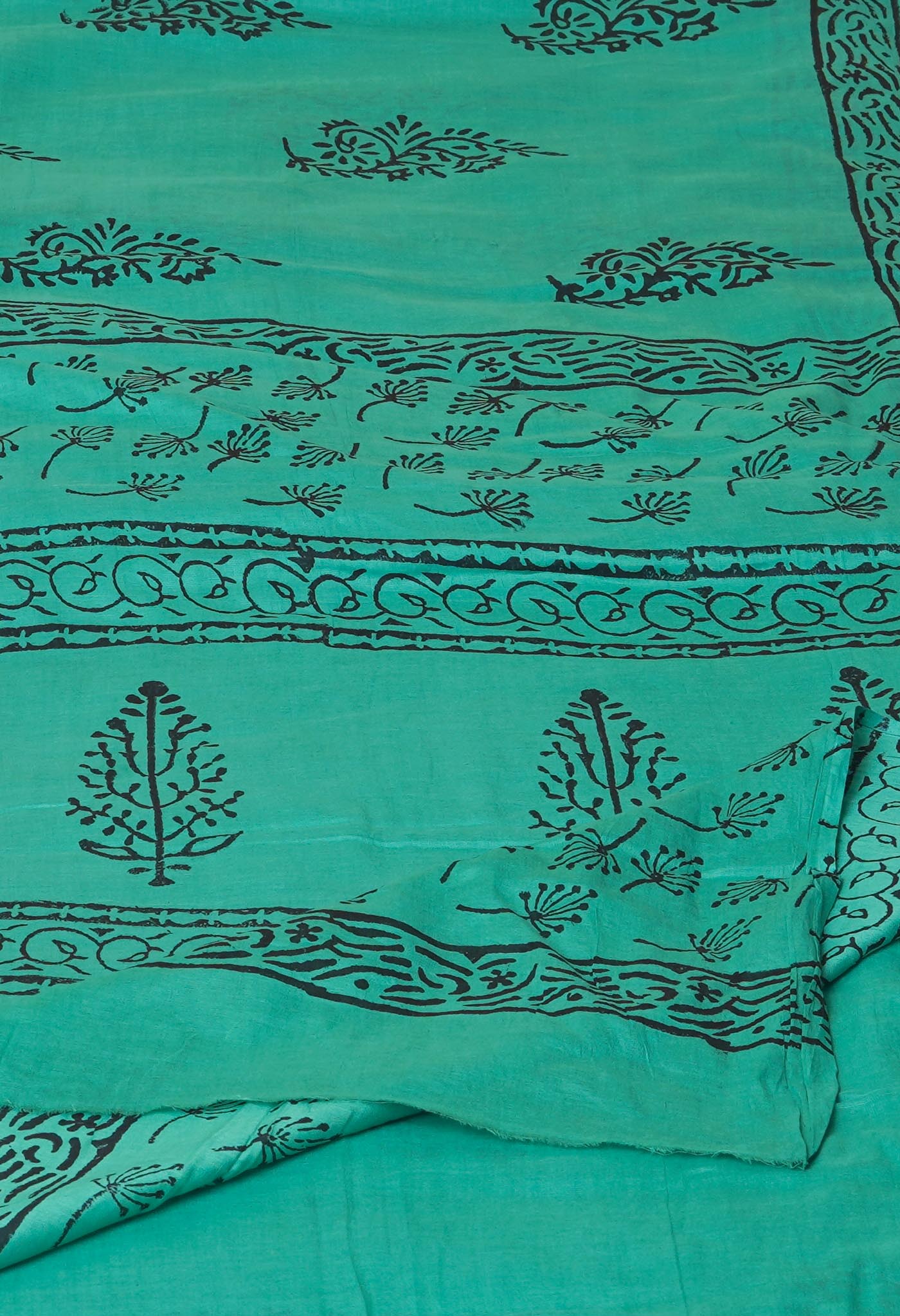Green Pure Dyed Hand Block Printed Soft Cotton Saree-UNM77576