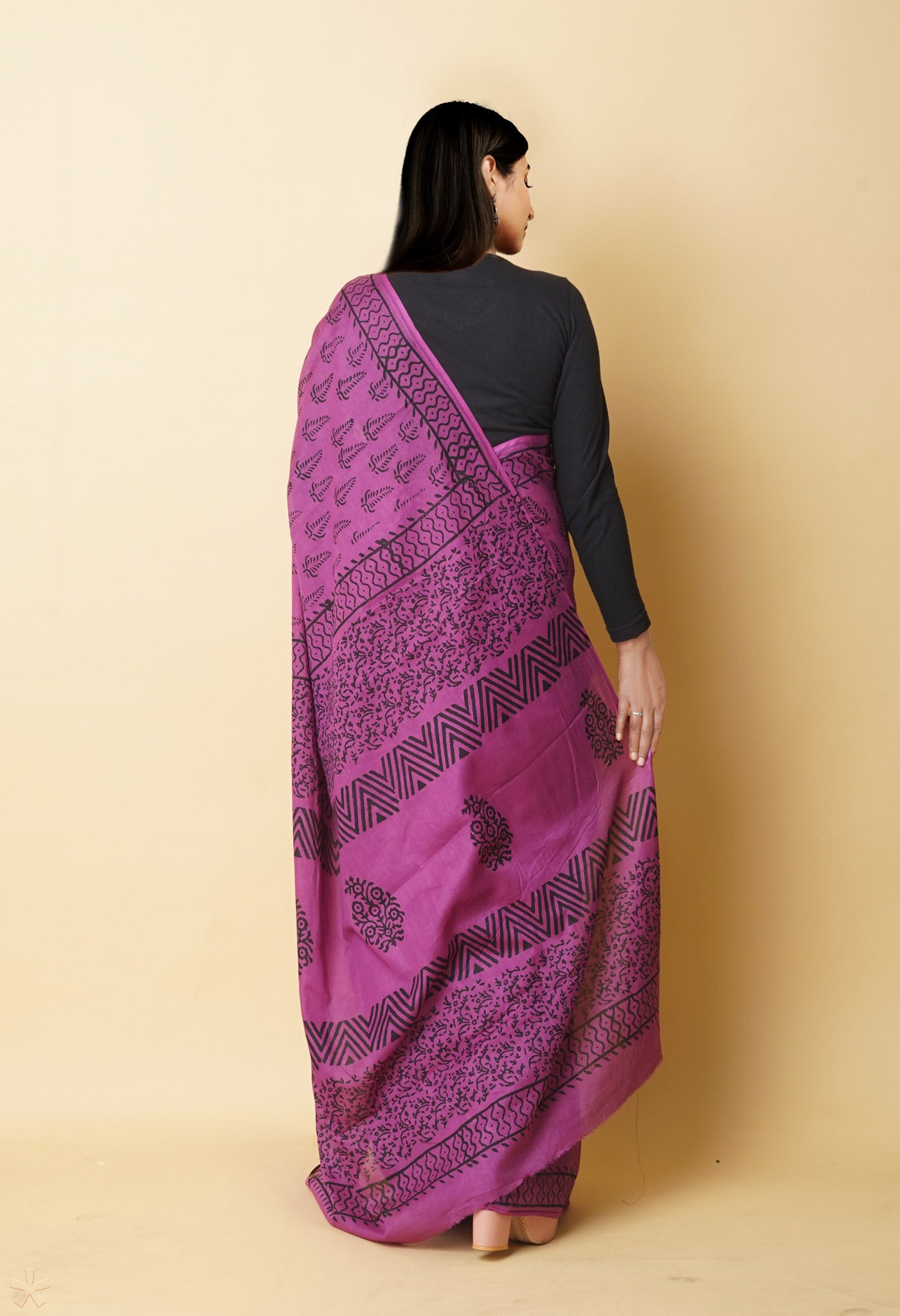 Purple Pure Dyed Hand Block Printed Soft Cotton Saree