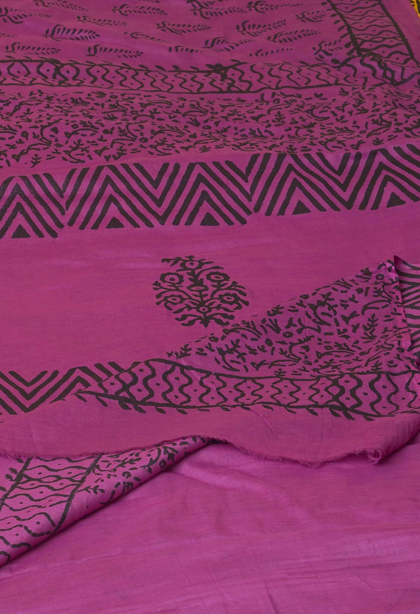 Purple Pure Dyed Hand Block Printed Soft Cotton Saree