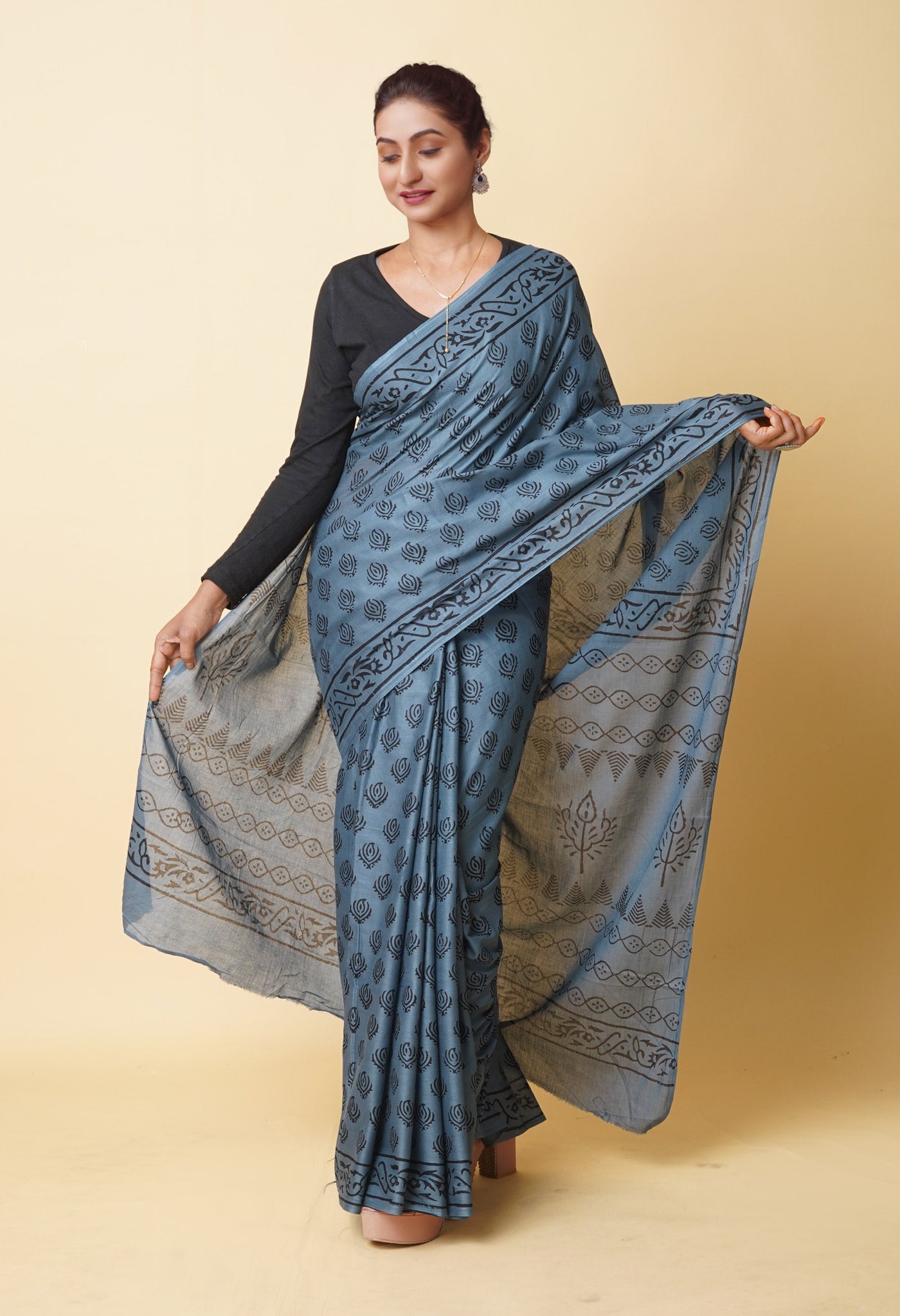 Grey Pure Dyed Hand Block Printed Soft Cotton Saree