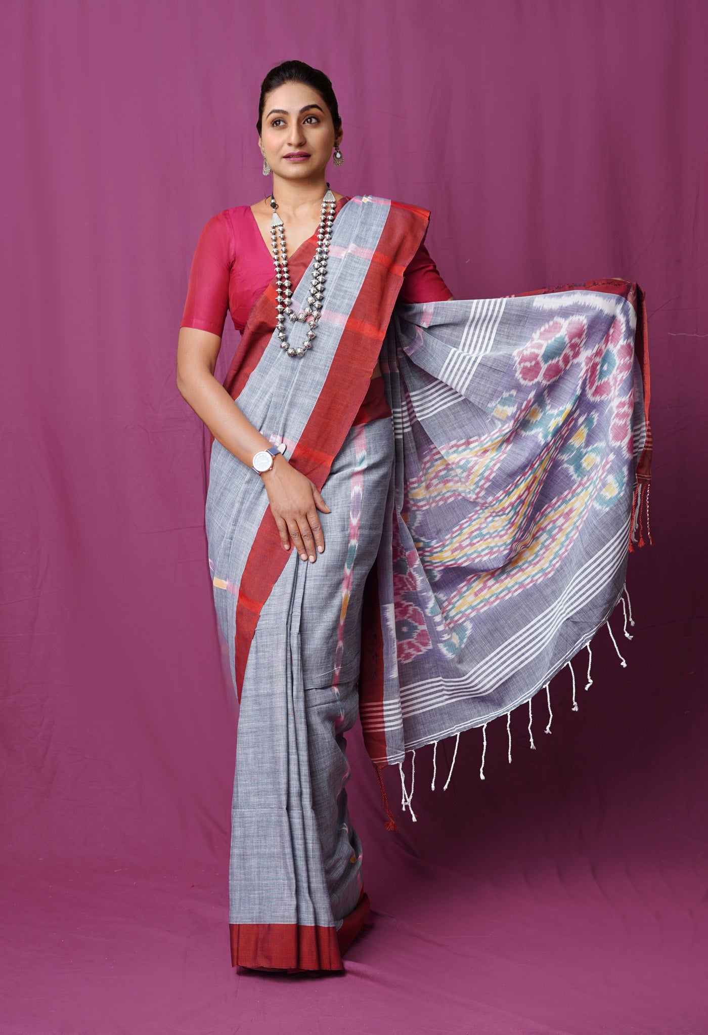 Grey Pure  Pochampally  Linen Saree