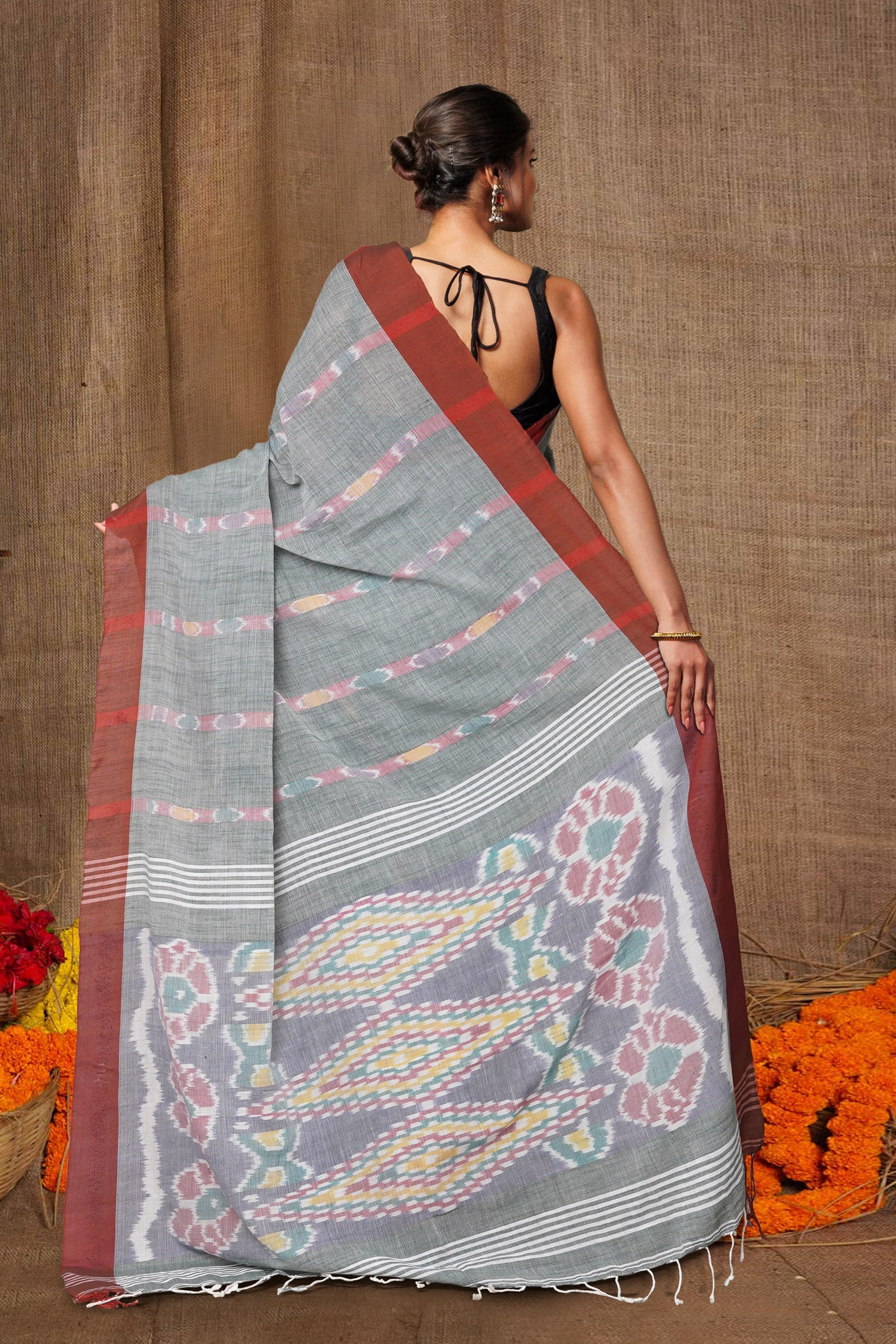 Grey Pure Pochampally Linen Saree-UNM77612