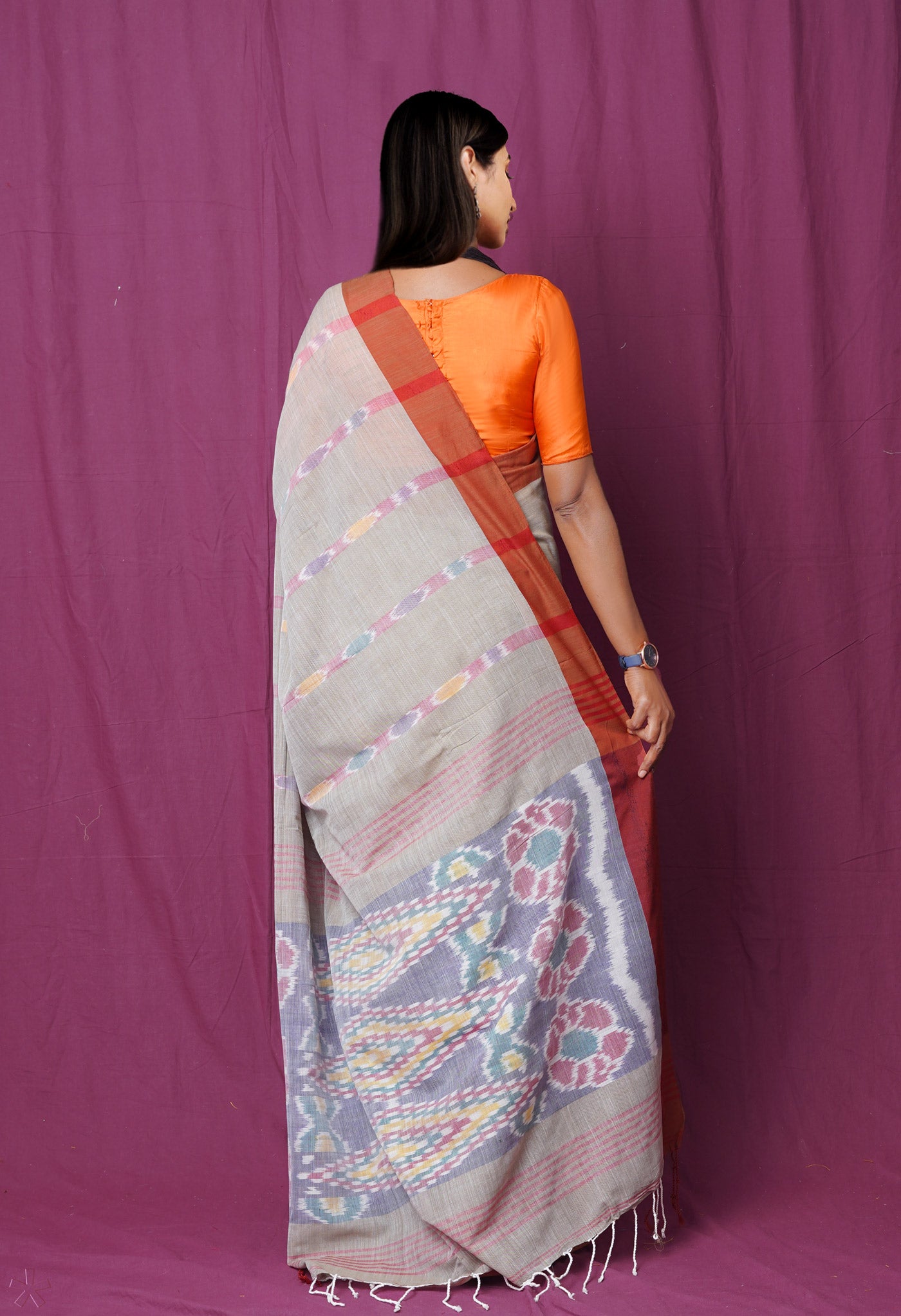 Light Grey Pure  Pochampally  Linen Saree