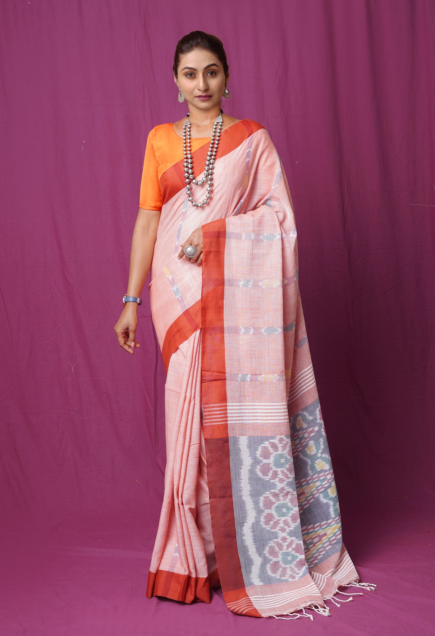 Brownish Pink Pure  Pochampally  Linen Saree