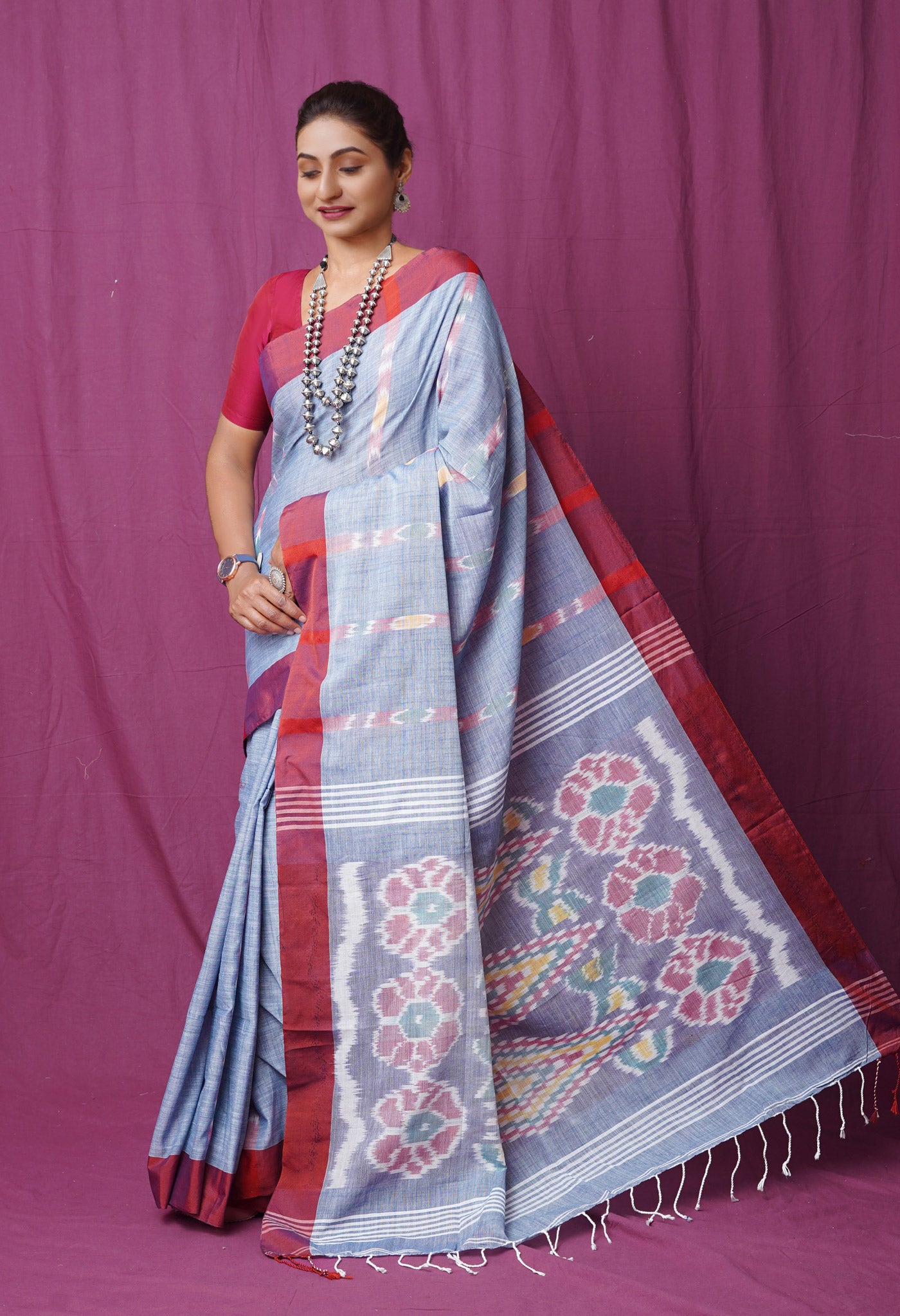 Blue Pure Pochampally Linen Saree
