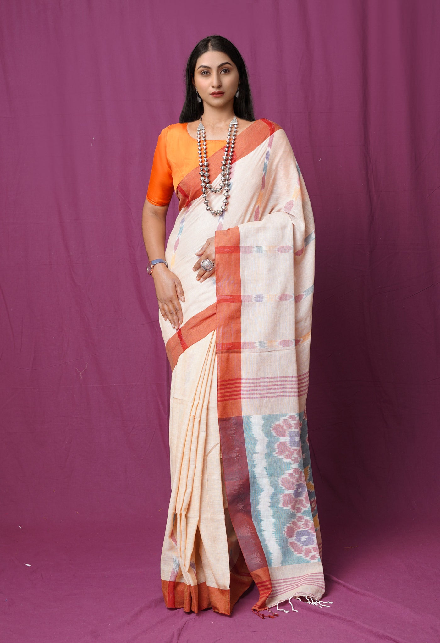 Beige Pure  Pochampally  Linen Saree