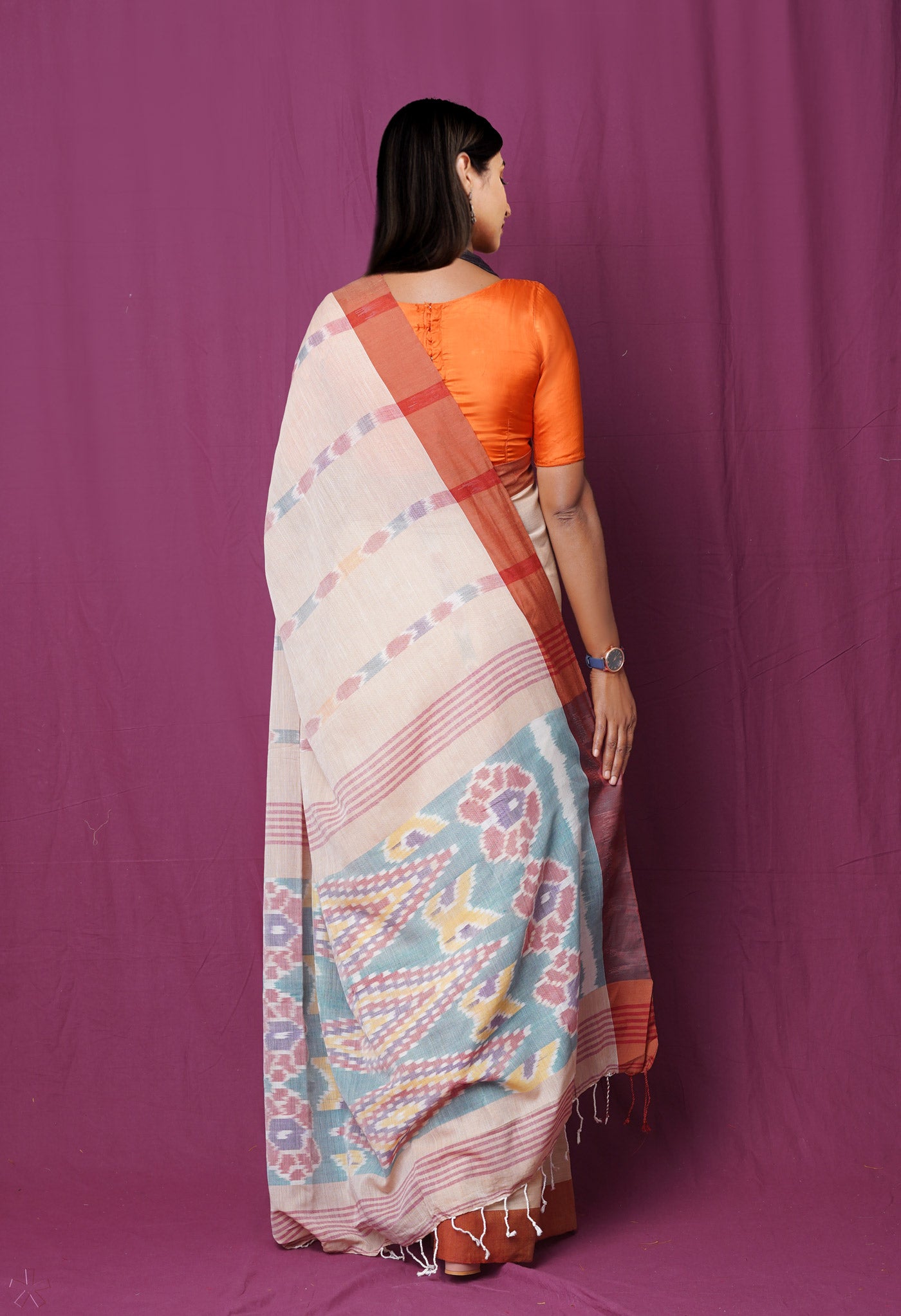 Beige Pure  Pochampally  Linen Saree