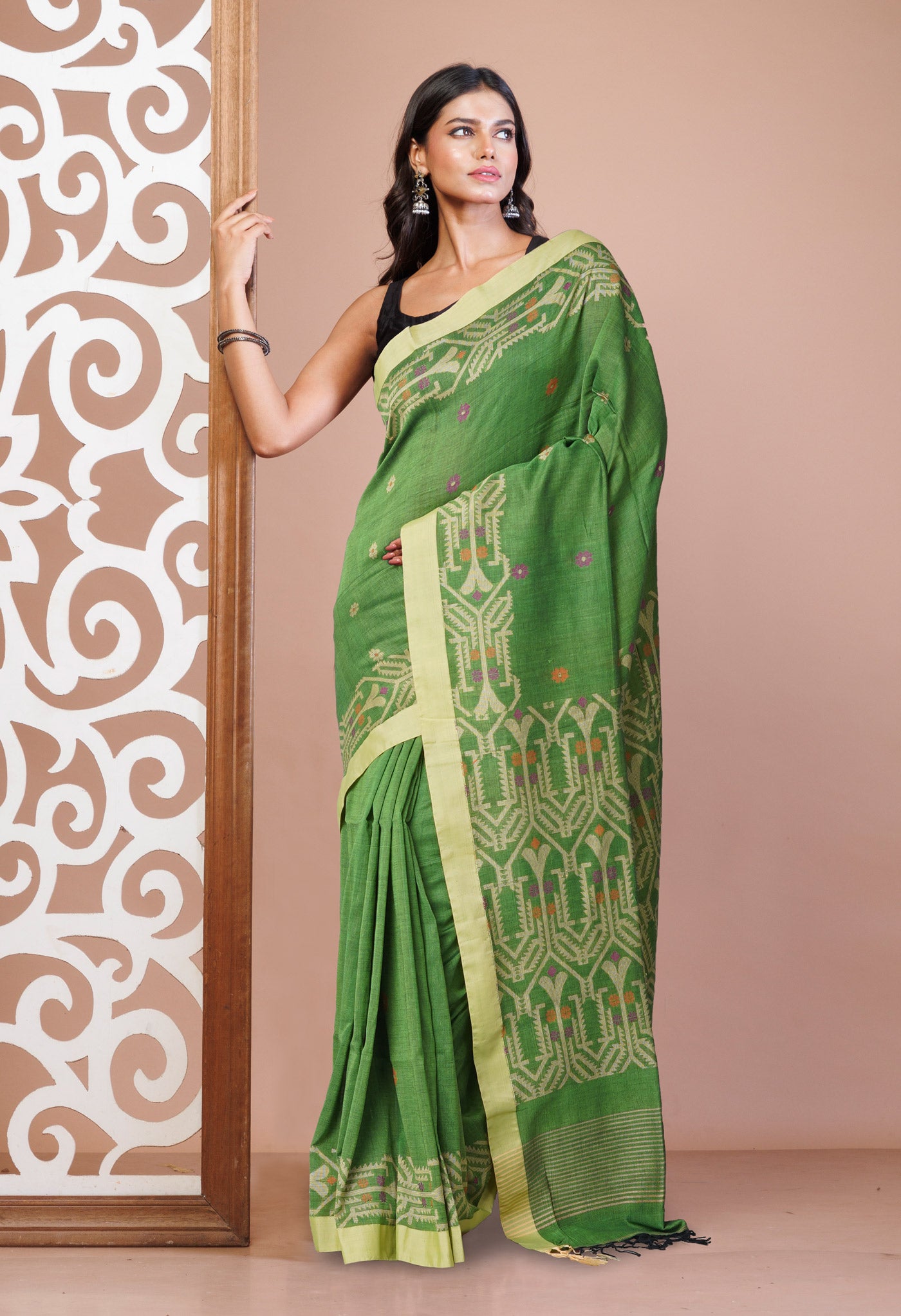 Green Pure Dhakai Bengal Linen Saree-UNM77634