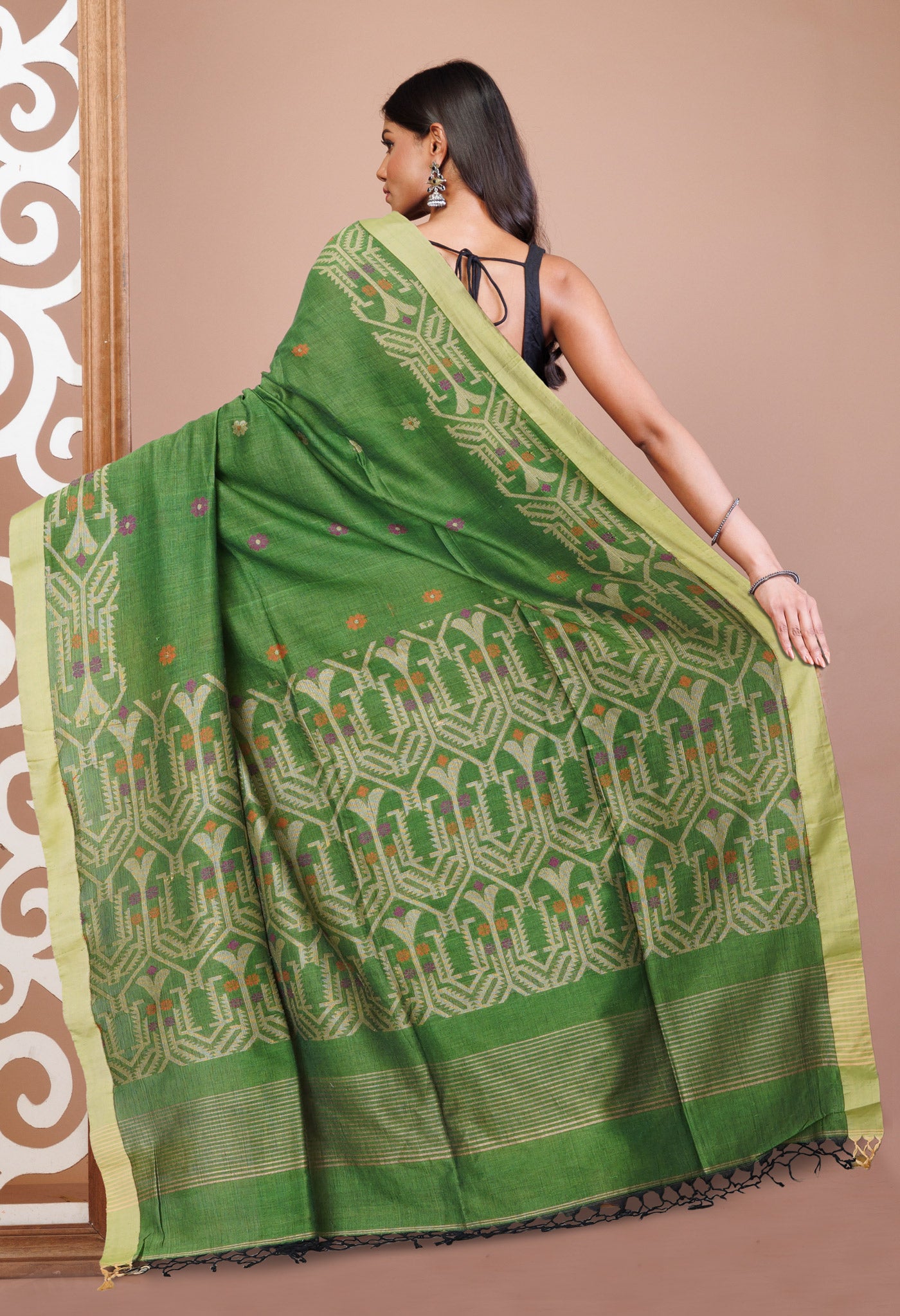 Green Pure Dhakai Bengal Linen Saree-UNM77634