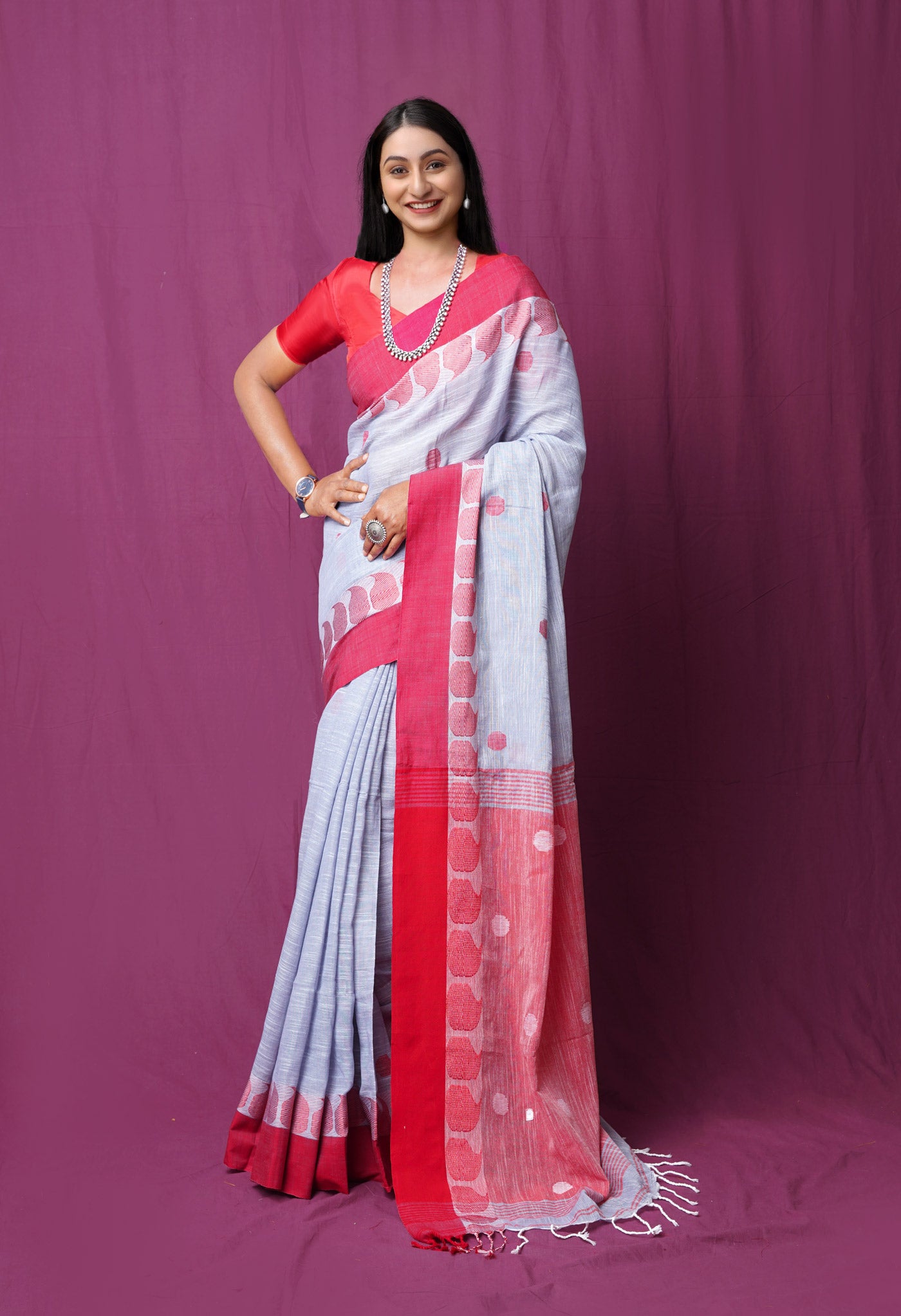 Grey Pure Handloom Khadi Linen Saree