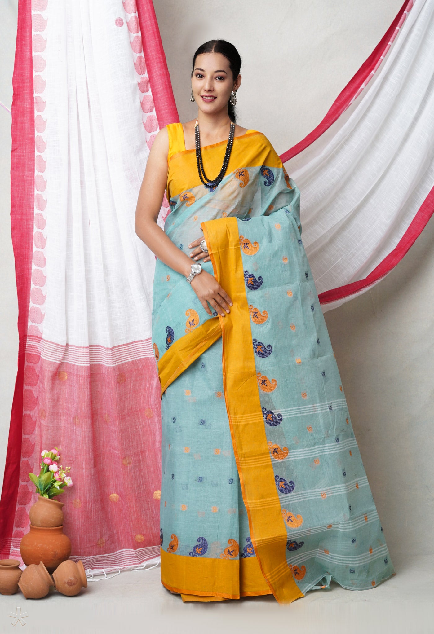 Pastel Blue Pure Handloom Superfine Bengal Cotton Saree