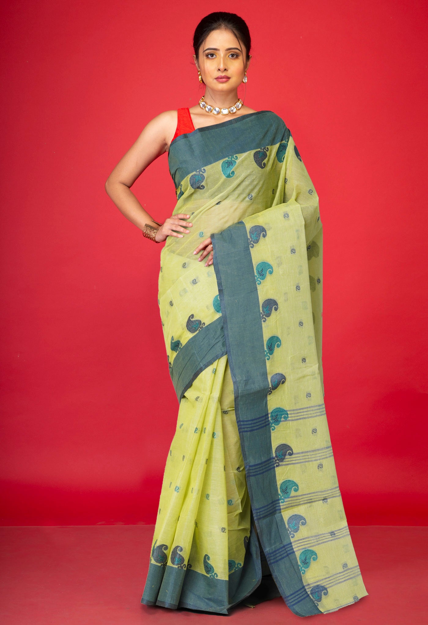 Pastel Olive Green Pure Handloom Superfine Bengal Cotton Saree-UNM77702