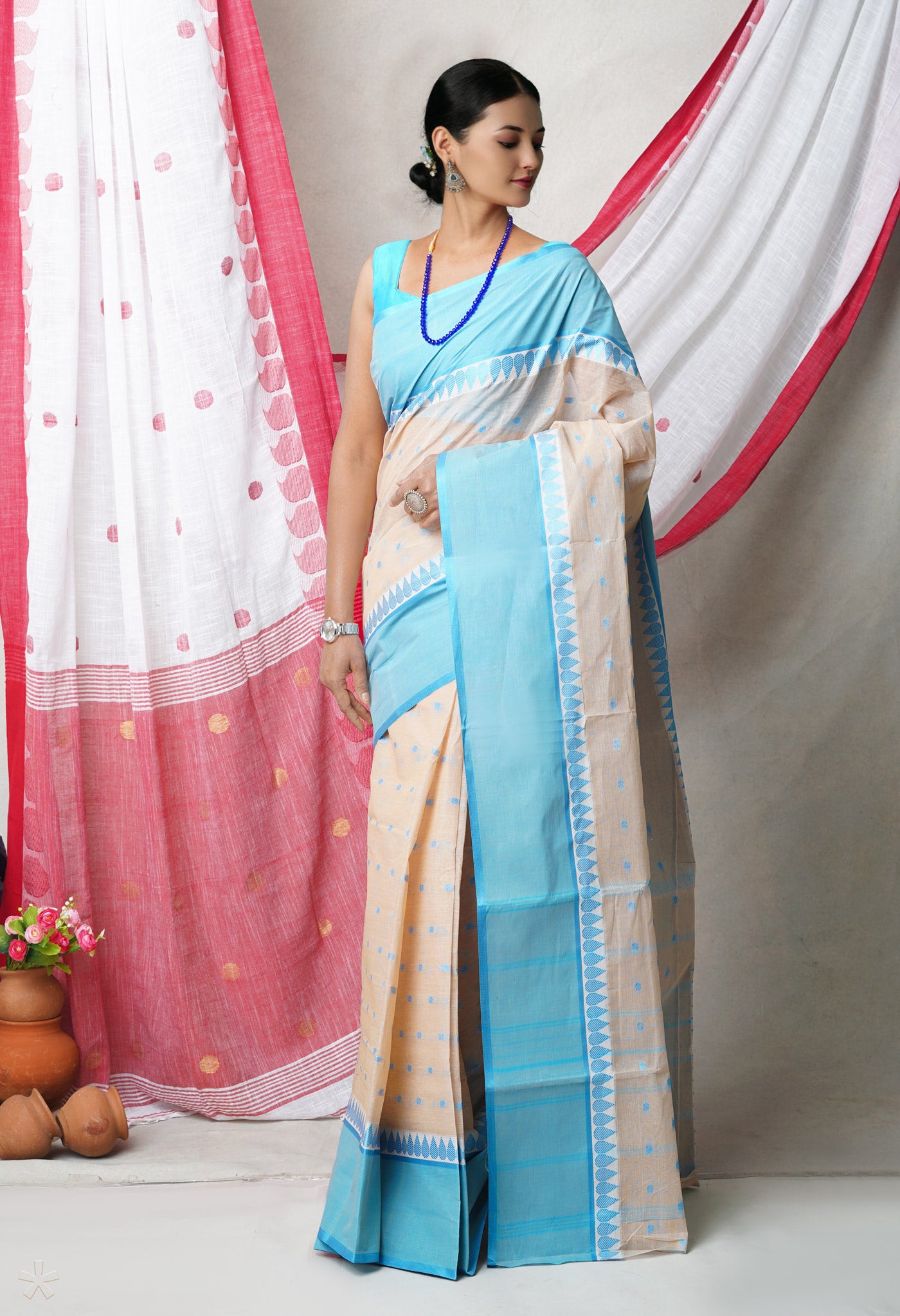 Beige Pure Handloom Superfine Bengal Cotton Saree