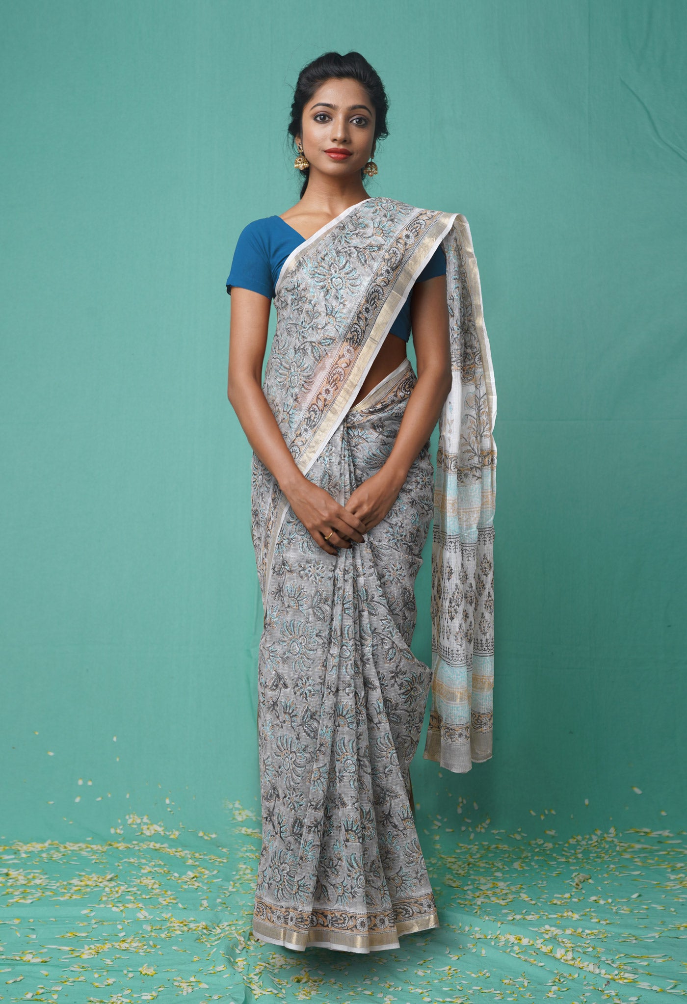 Grey Pure  Hand Block Printed Kota Saree