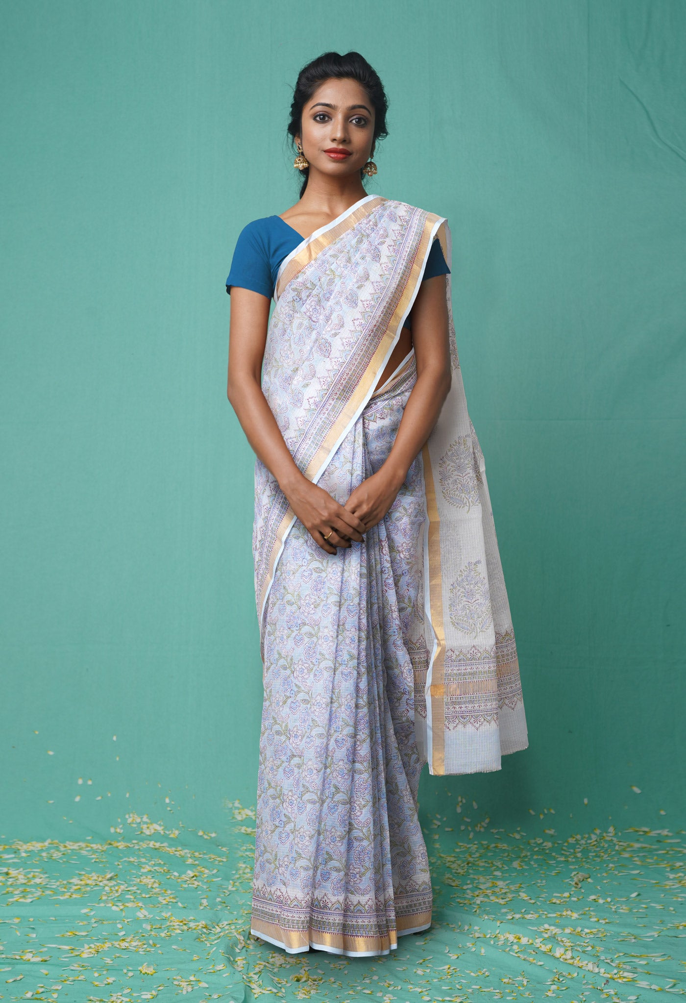 Blue Pure  Hand Block Printed Kota Saree