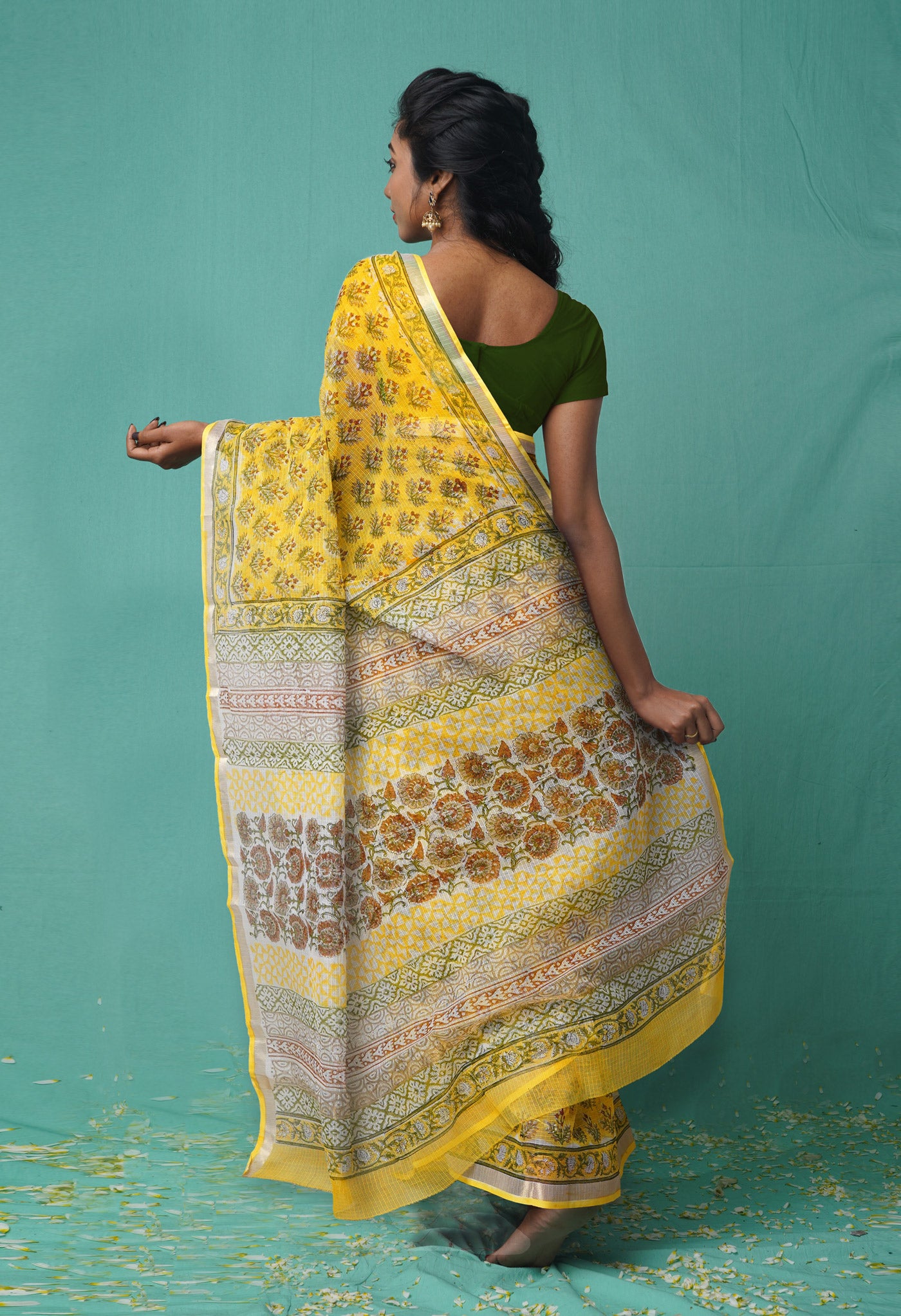 Yellow Pure  Hand Block Printed Kota Saree