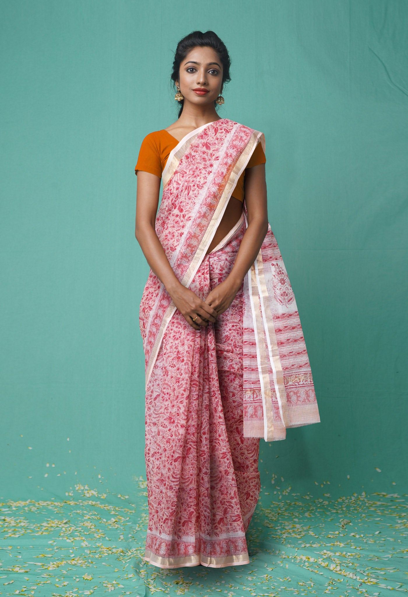 Orange Pure  Hand Block Printed Kota Saree