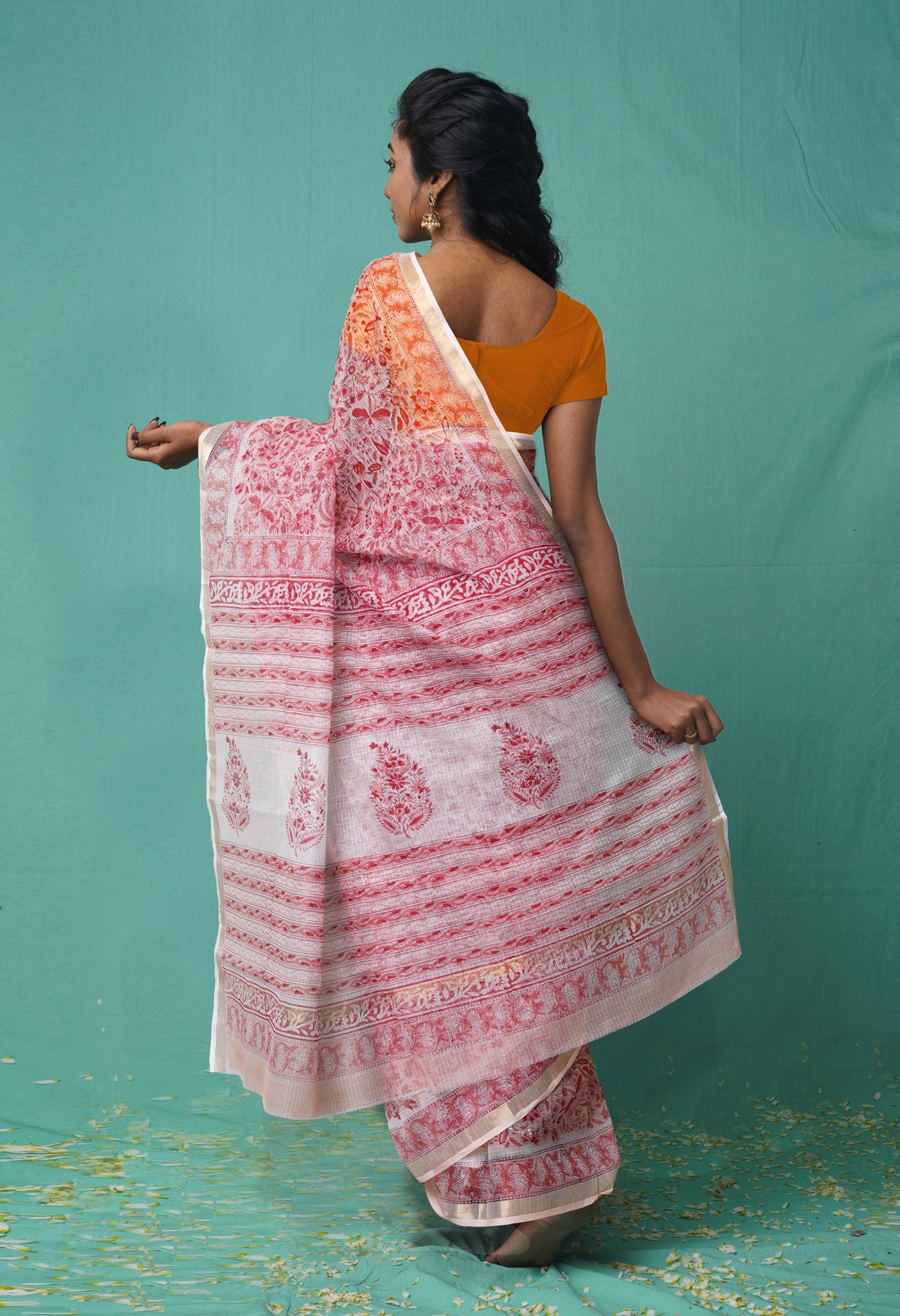 Orange Pure  Hand Block Printed Kota Saree