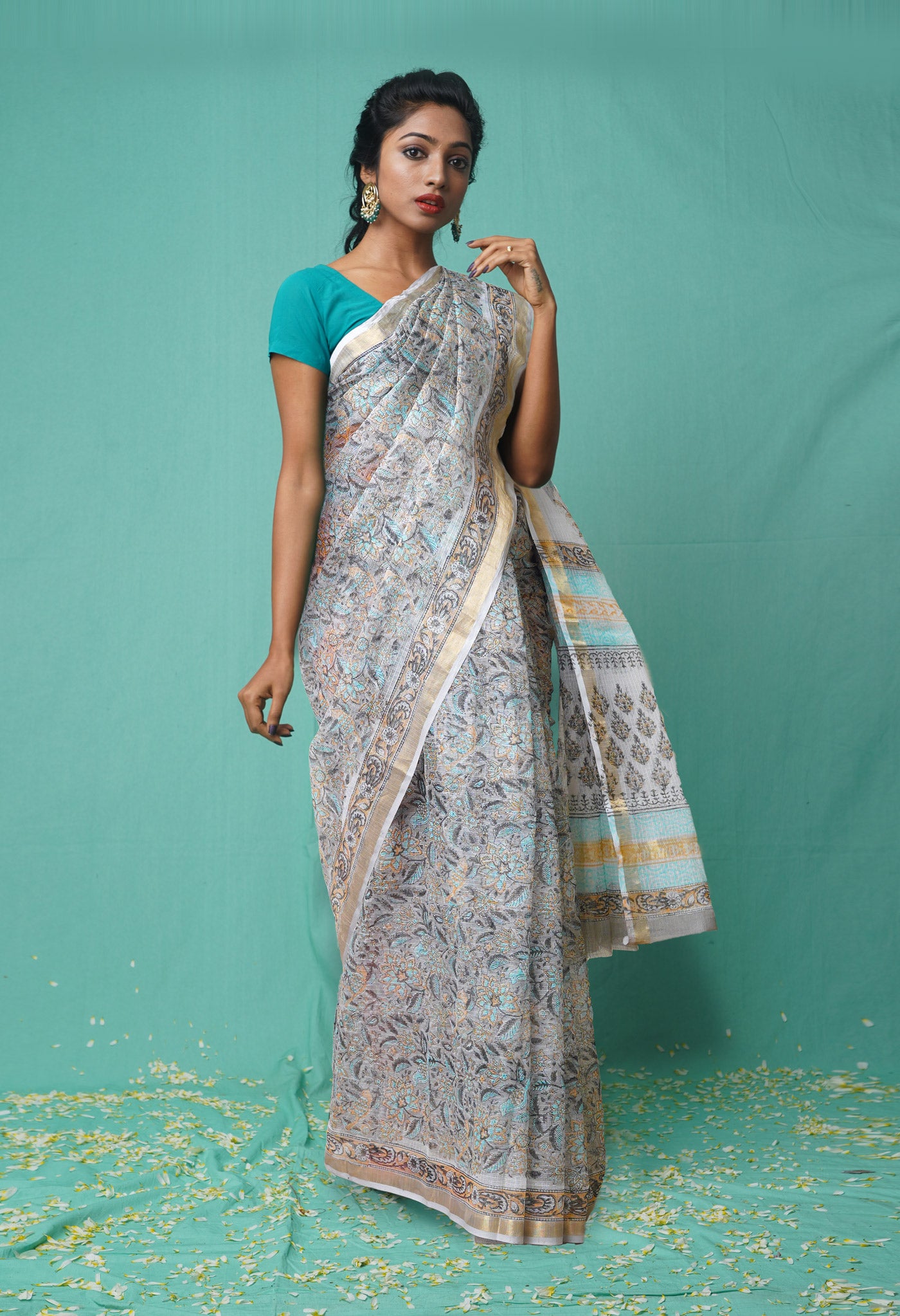 Grey Pure  Hand Block Printed Kota Saree