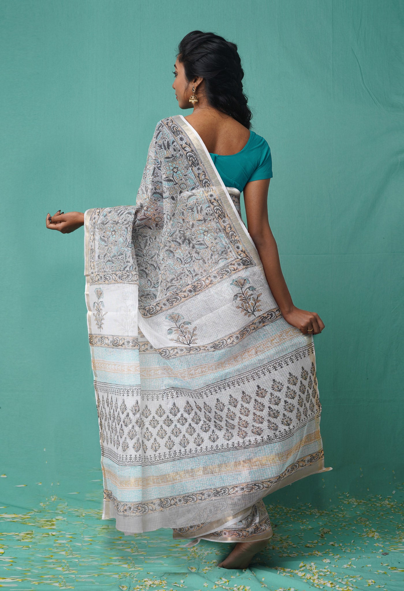 Grey Pure Hand Block Printed Kota Saree-UNM77743