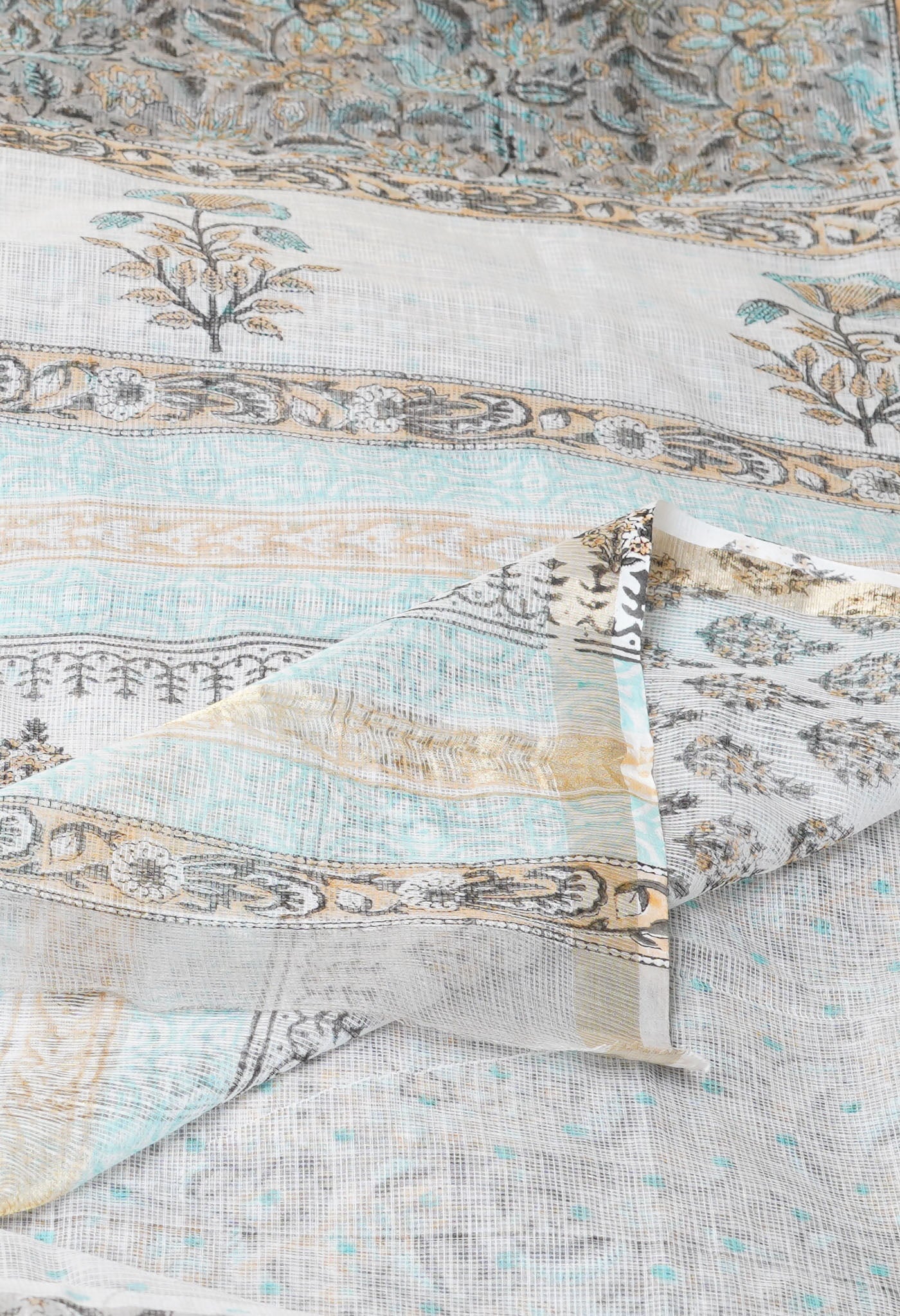 Grey Pure Hand Block Printed Kota Saree-UNM77743