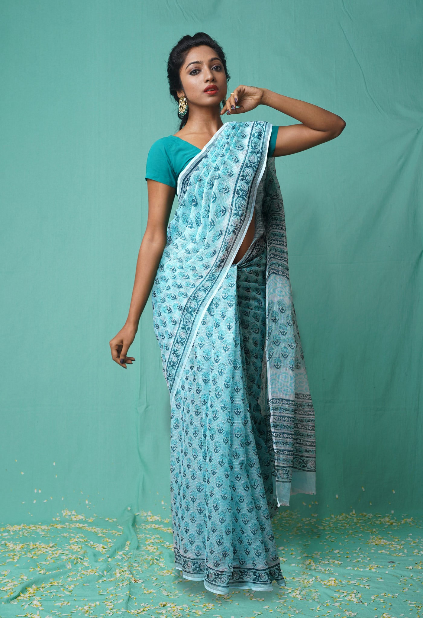 Pastel Bluish Green Pure  Hand Block Printed Kota Saree