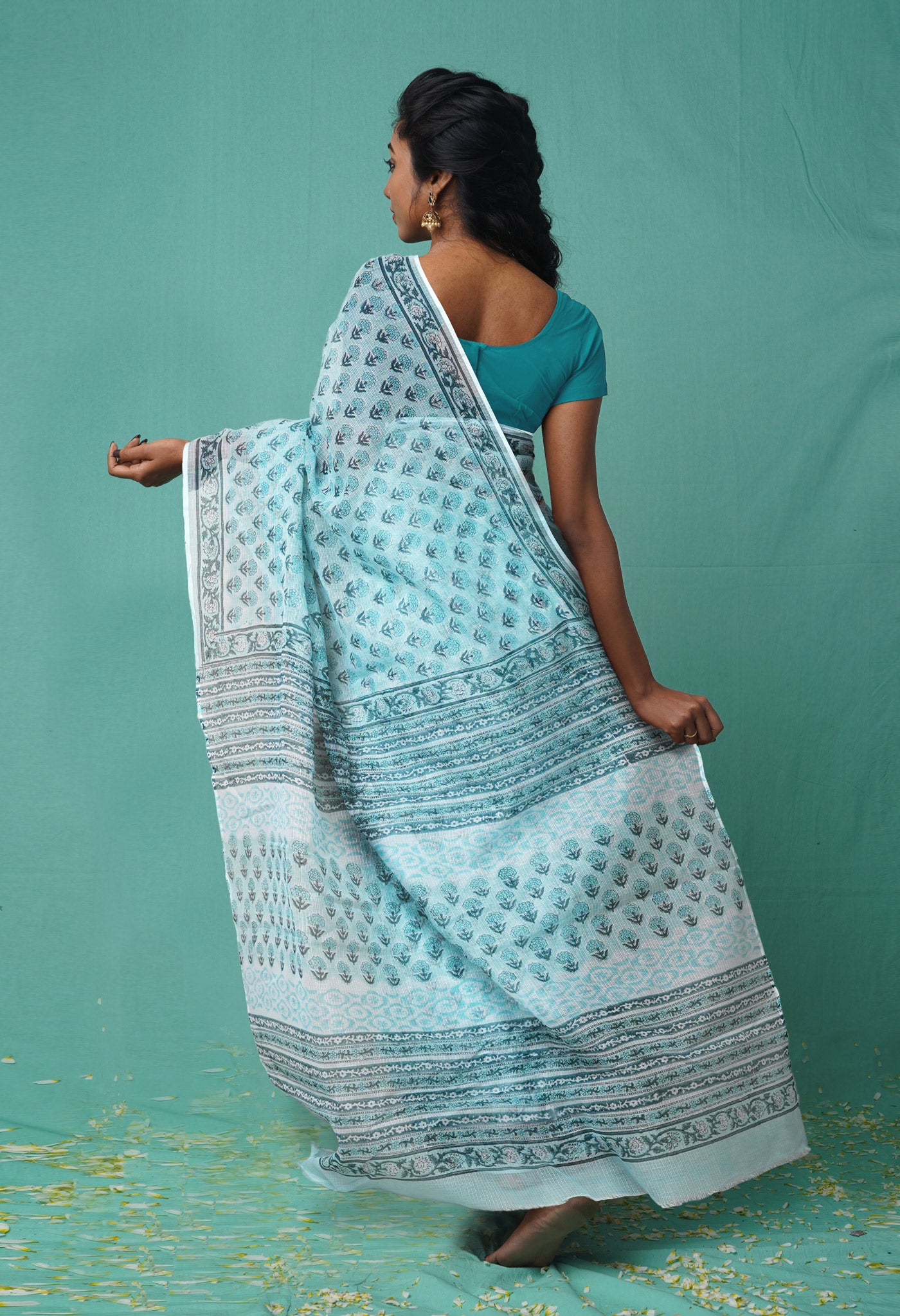 Pastel Bluish Green Pure Hand Block Printed Kota Saree-UNM77747