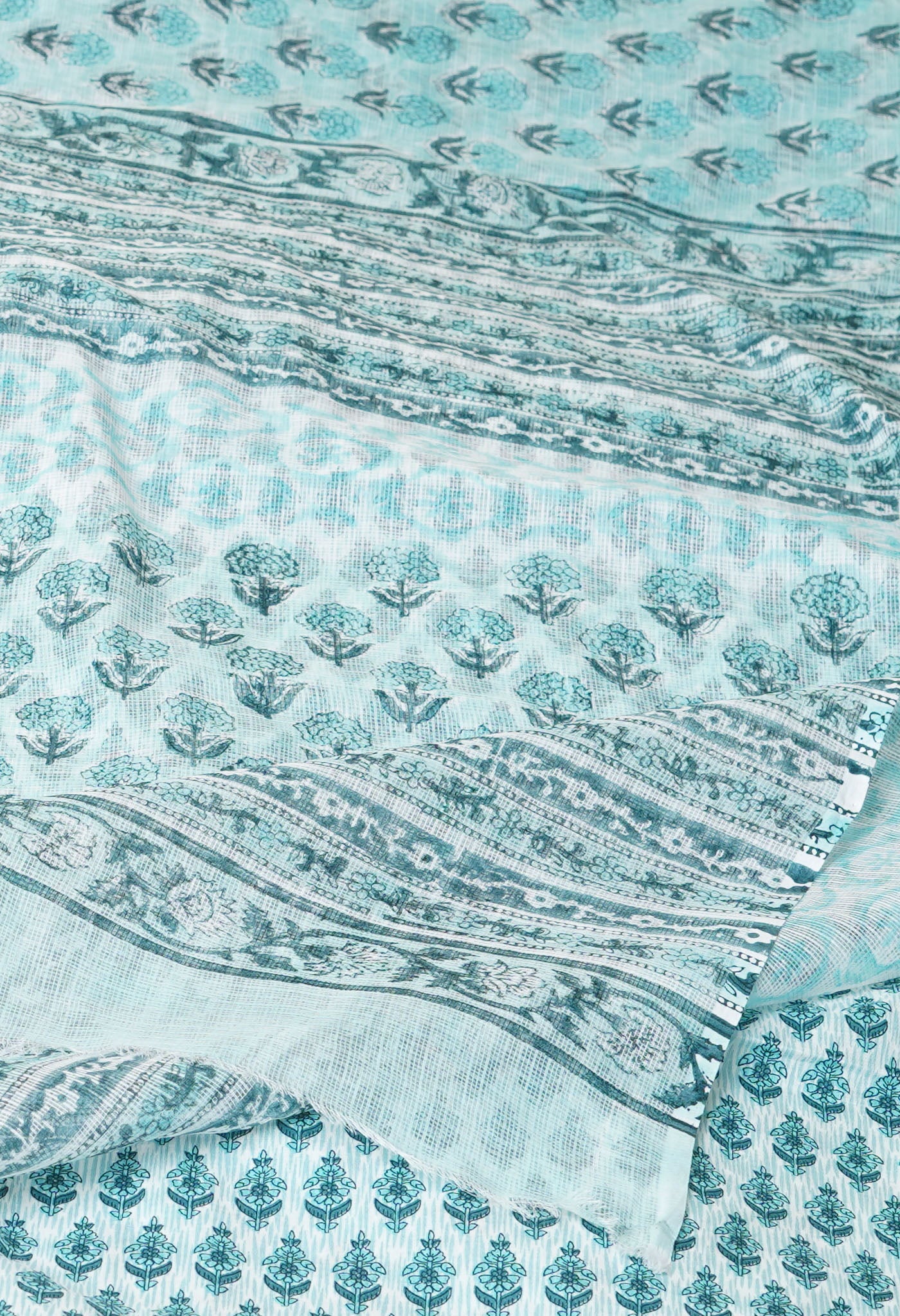 Pastel Bluish Green Pure Hand Block Printed Kota Saree-UNM77747