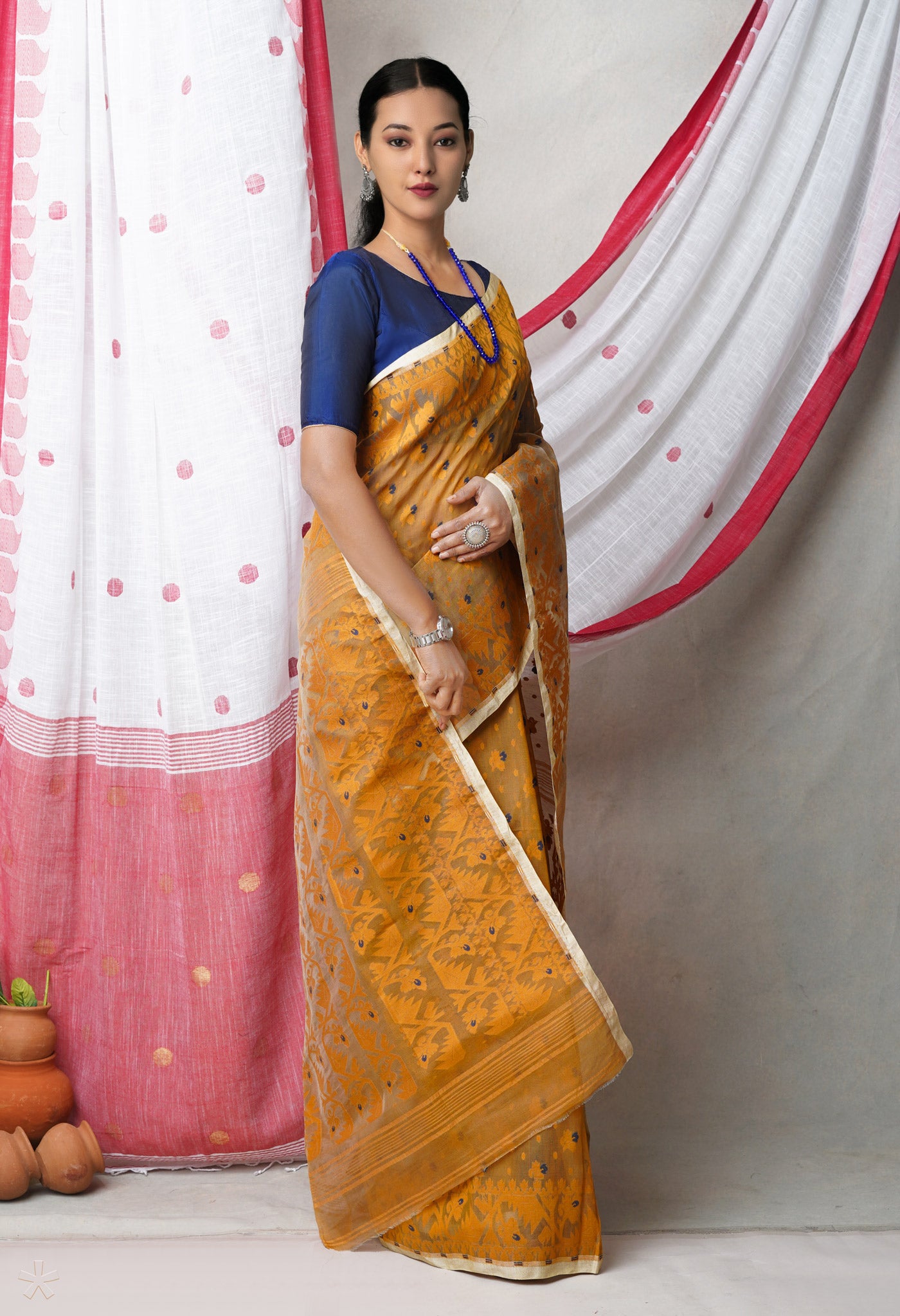 Brown Pure Handloom Dhakai Jamdhani Cotton Saree