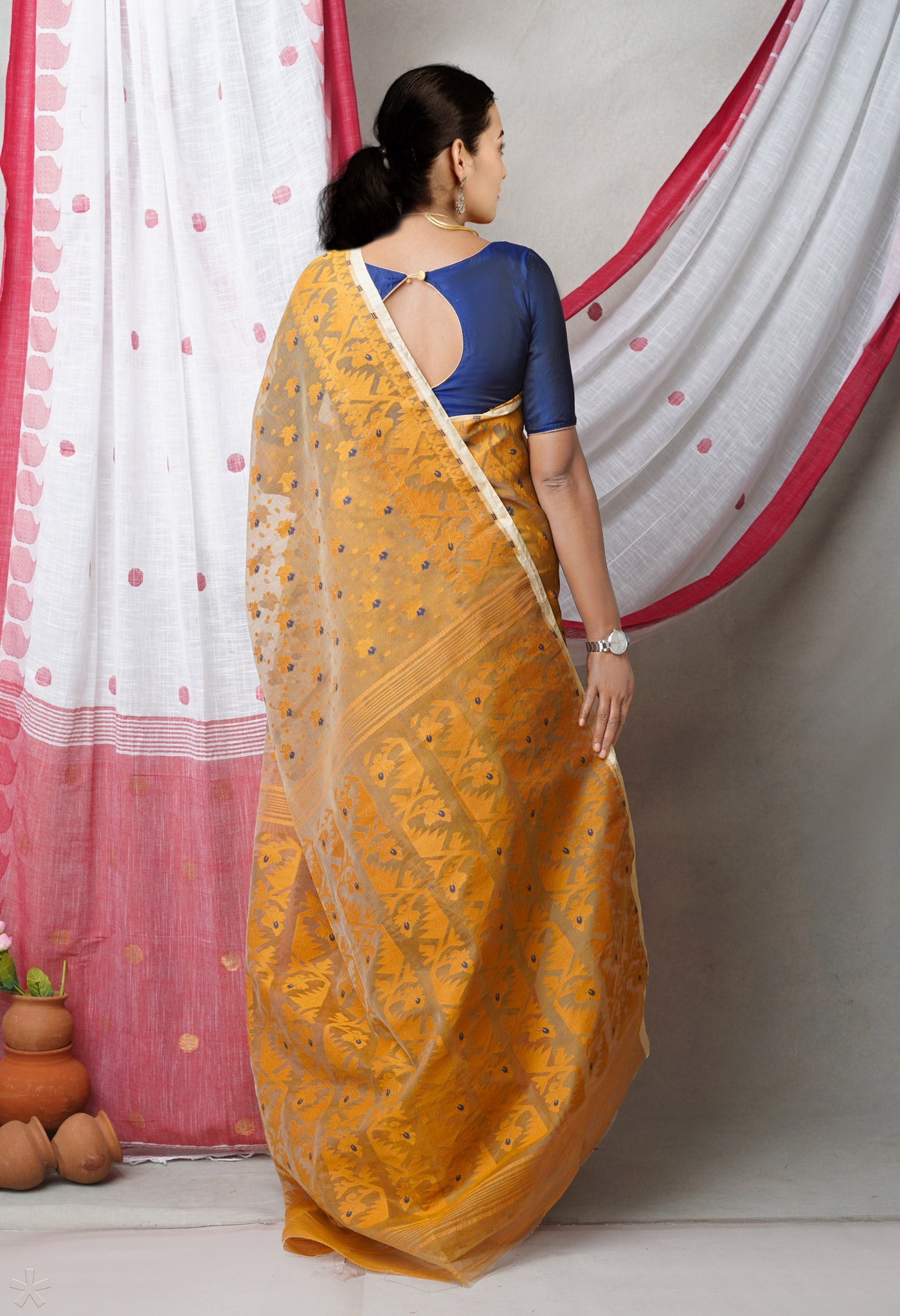 Brown Pure Handloom Dhakai Jamdhani Cotton Saree